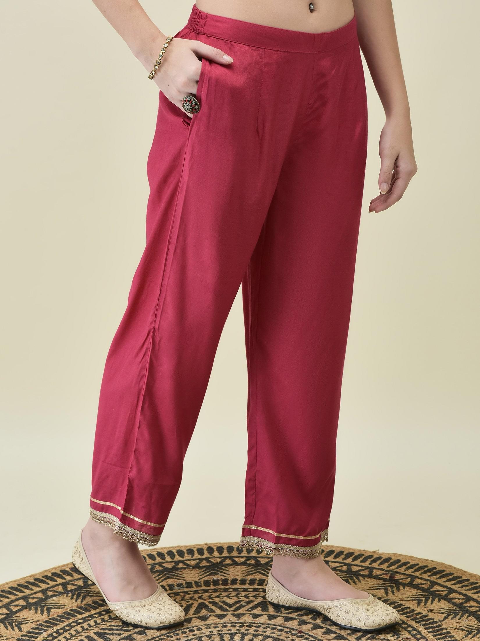 Women Silk Blend Burgundy Butti Print Kurta Comfort Pant Dupatta.