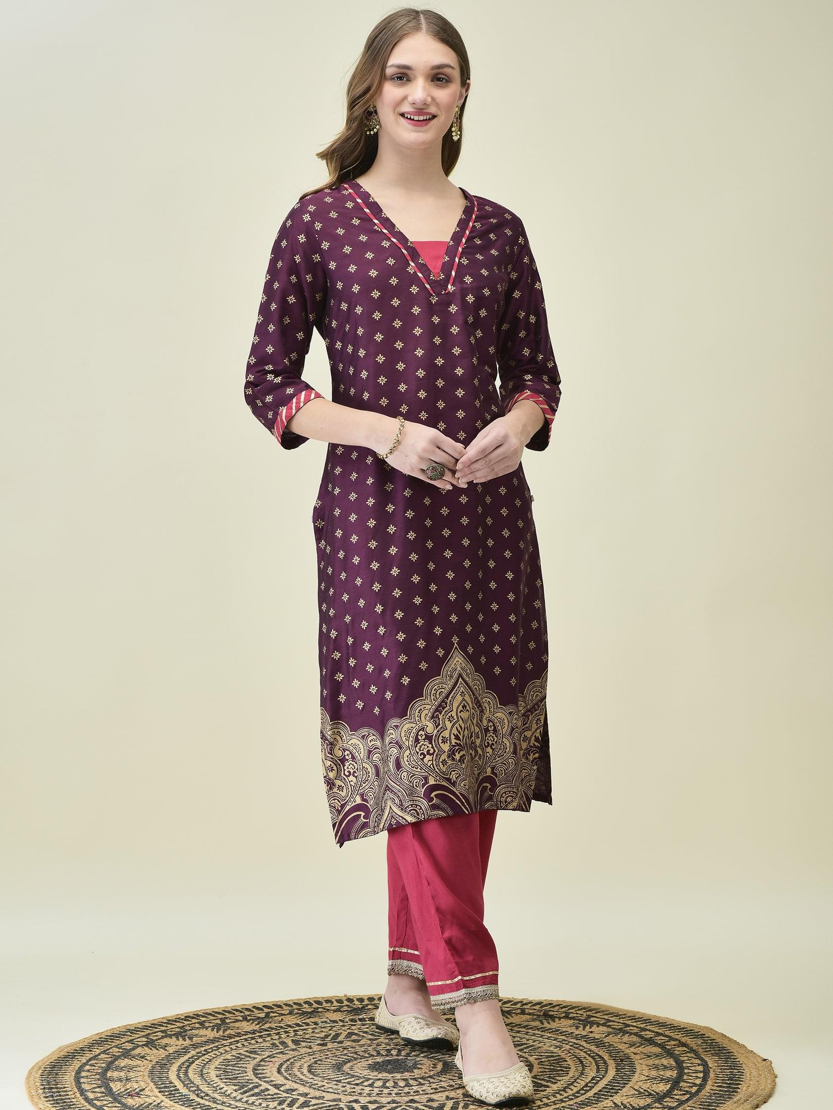 Women Silk Blend Burgundy Butti Print Kurta Comfort Pant Dupatta.