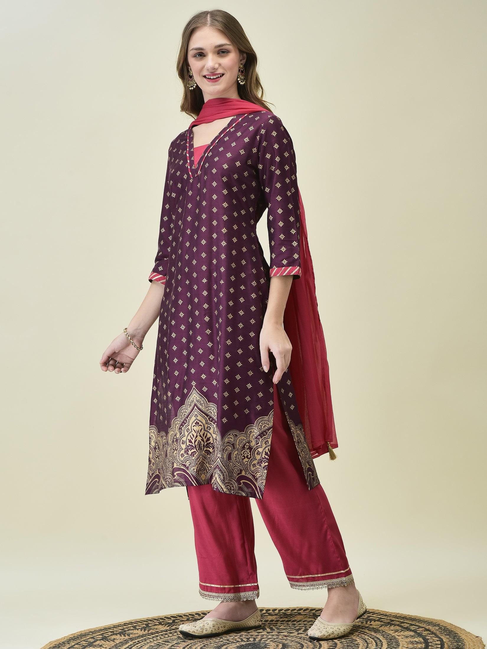 Women Silk Blend Burgundy Butti Print Kurta Comfort Pant Dupatta.