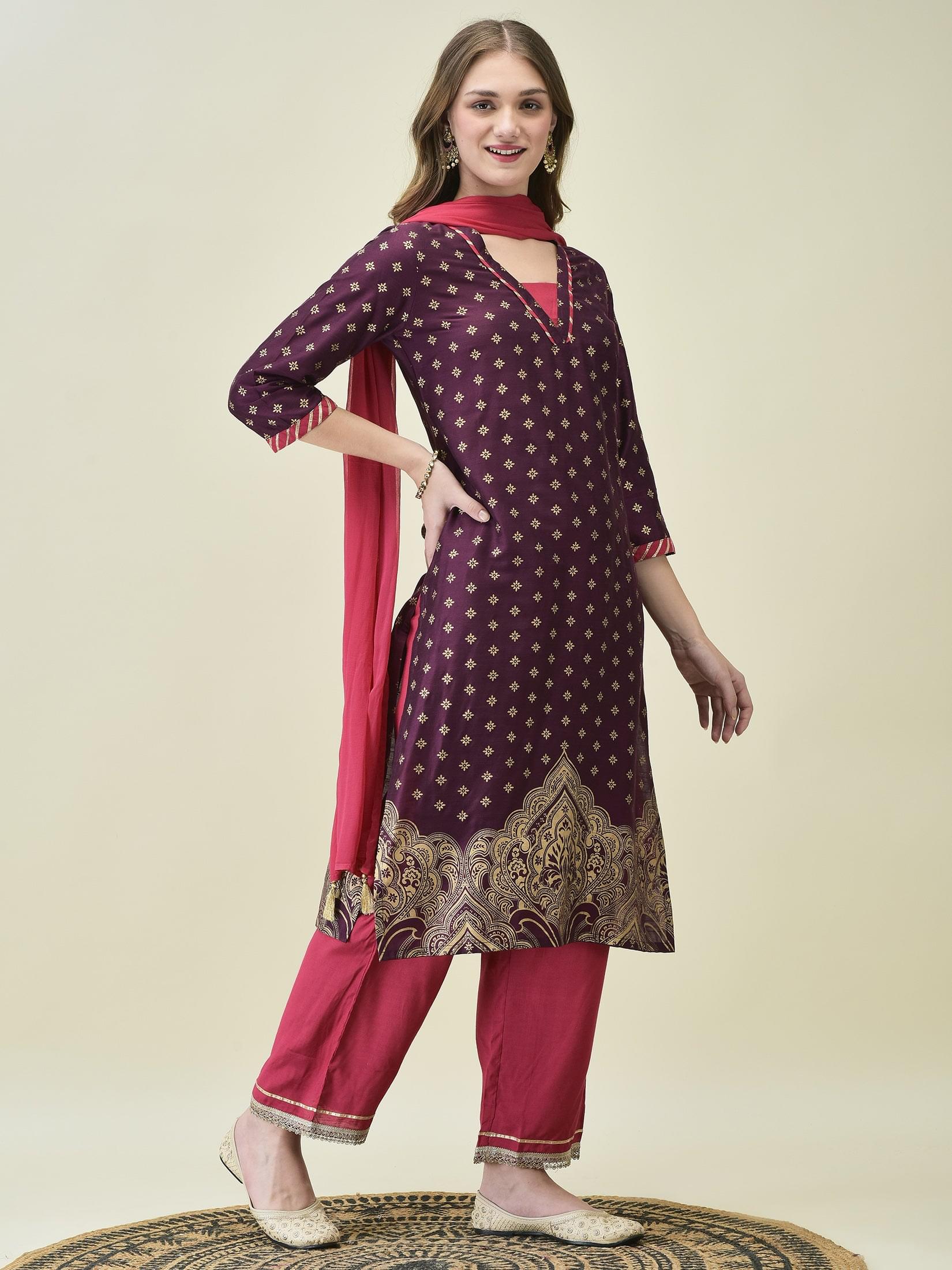 Women Silk Blend Burgundy Butti Print Kurta Comfort Pant Dupatta.