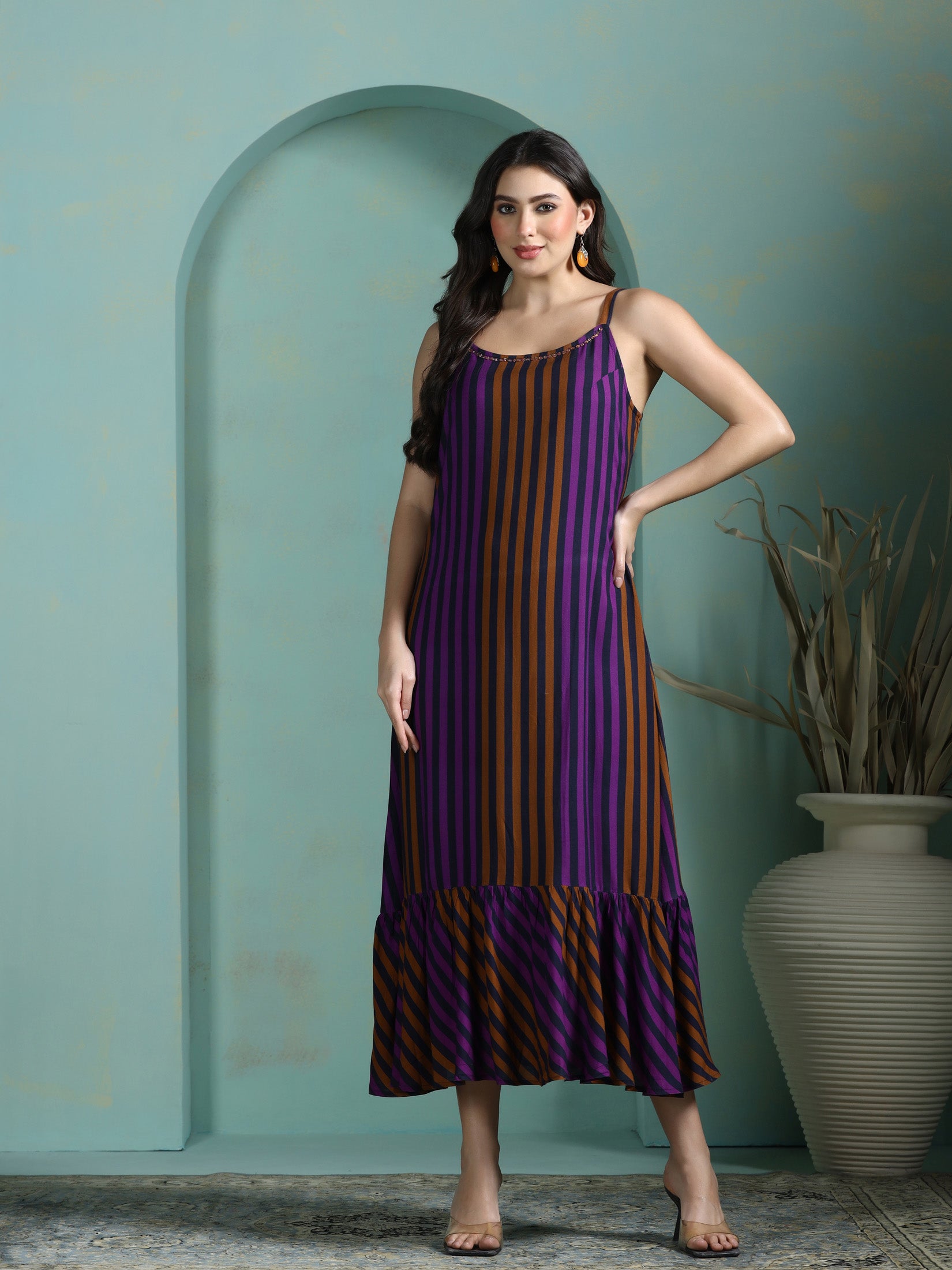 Women Liva Multicolor Stripe Print Dress With Georgette Ethnic Jacket