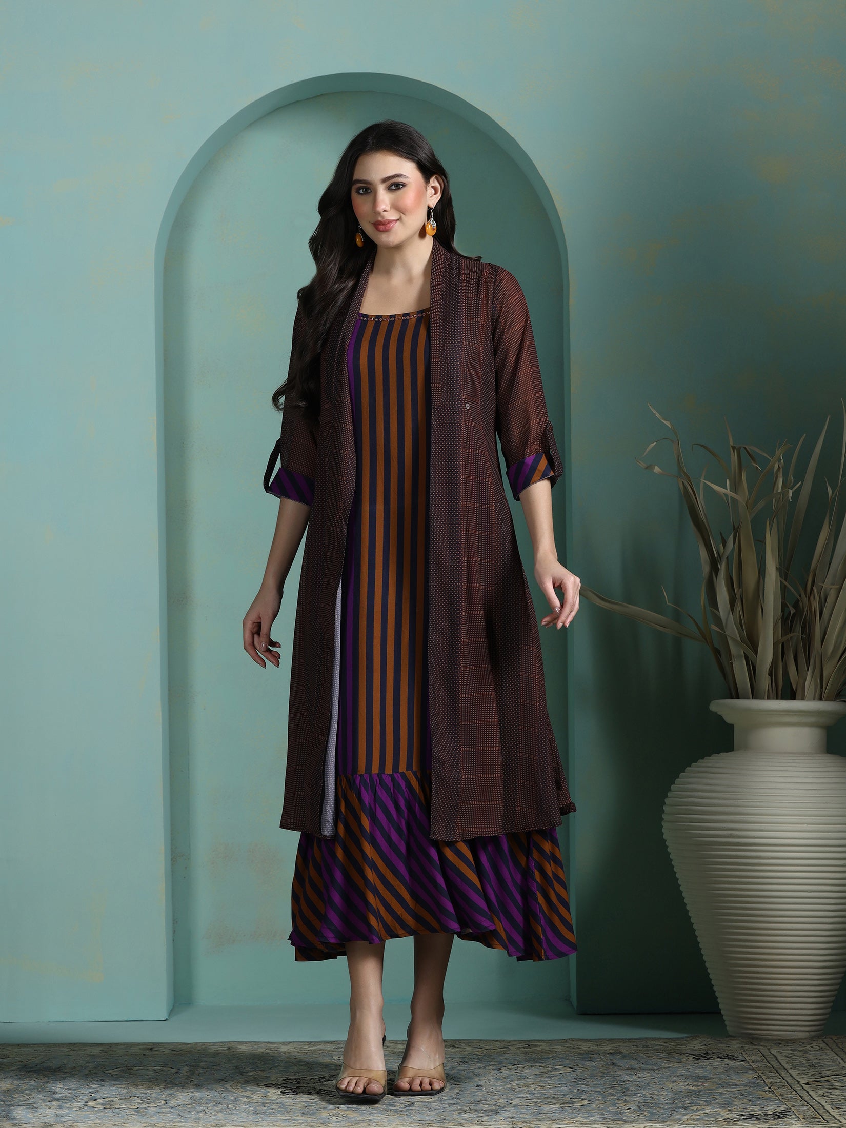 Women Liva Multicolor Stripe Print Dress With Georgette Ethnic Jacket