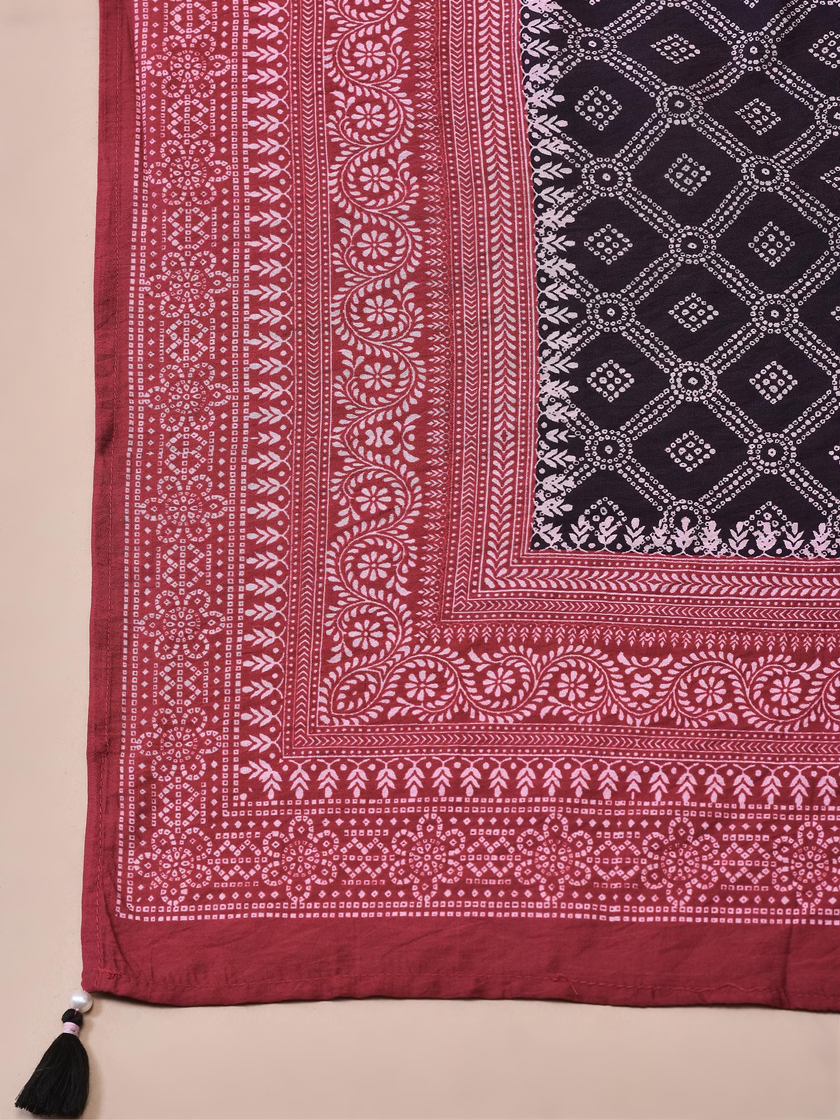 Women Muslin Maroon Bandhani Print Kurta Comfort Pant Dupatta.