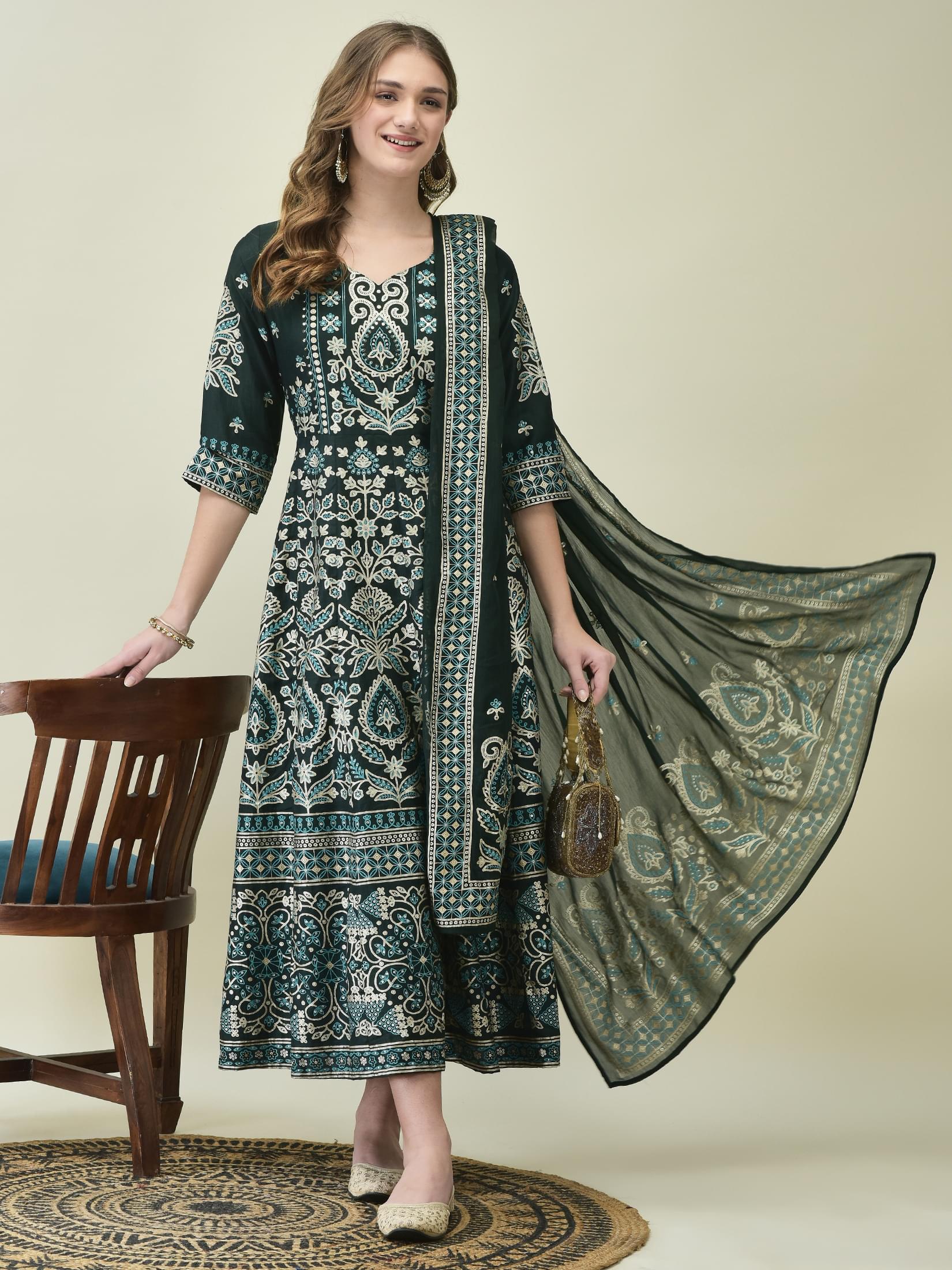 Women Liva Samaira Green Ornamental Print Dress With Dupatta.
