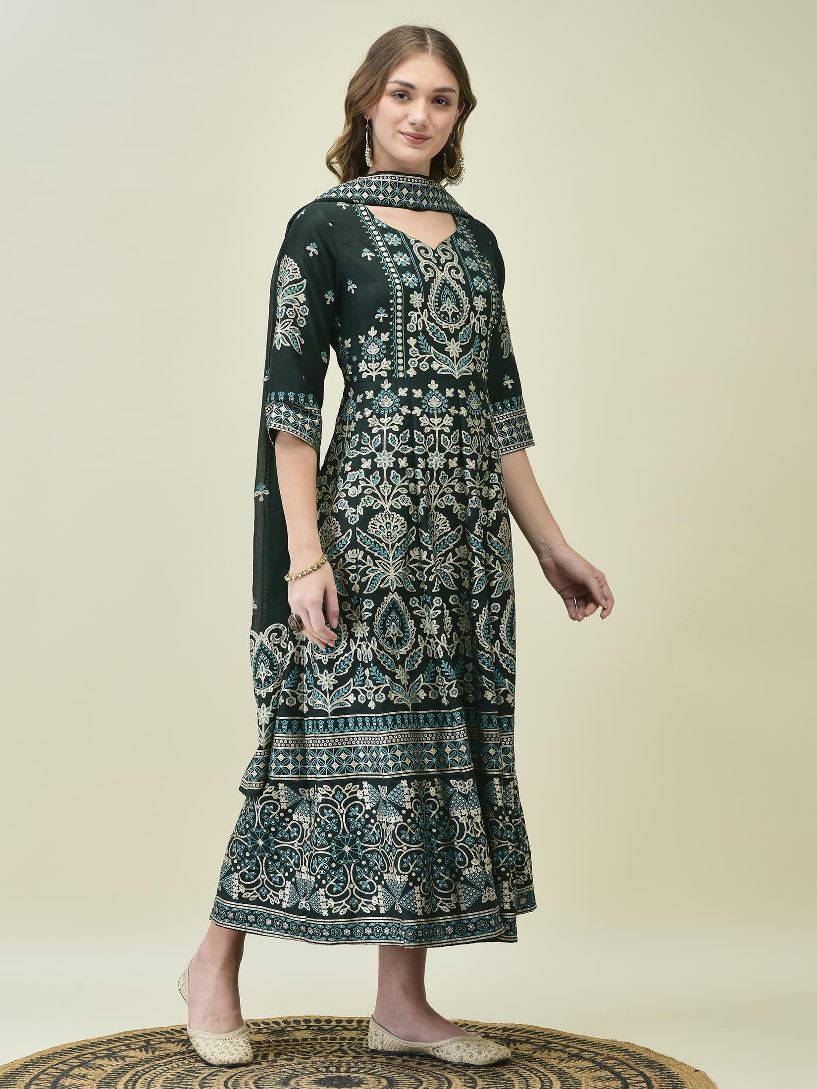 Women Liva Samaira Green Ornamental Print Dress With Dupatta.