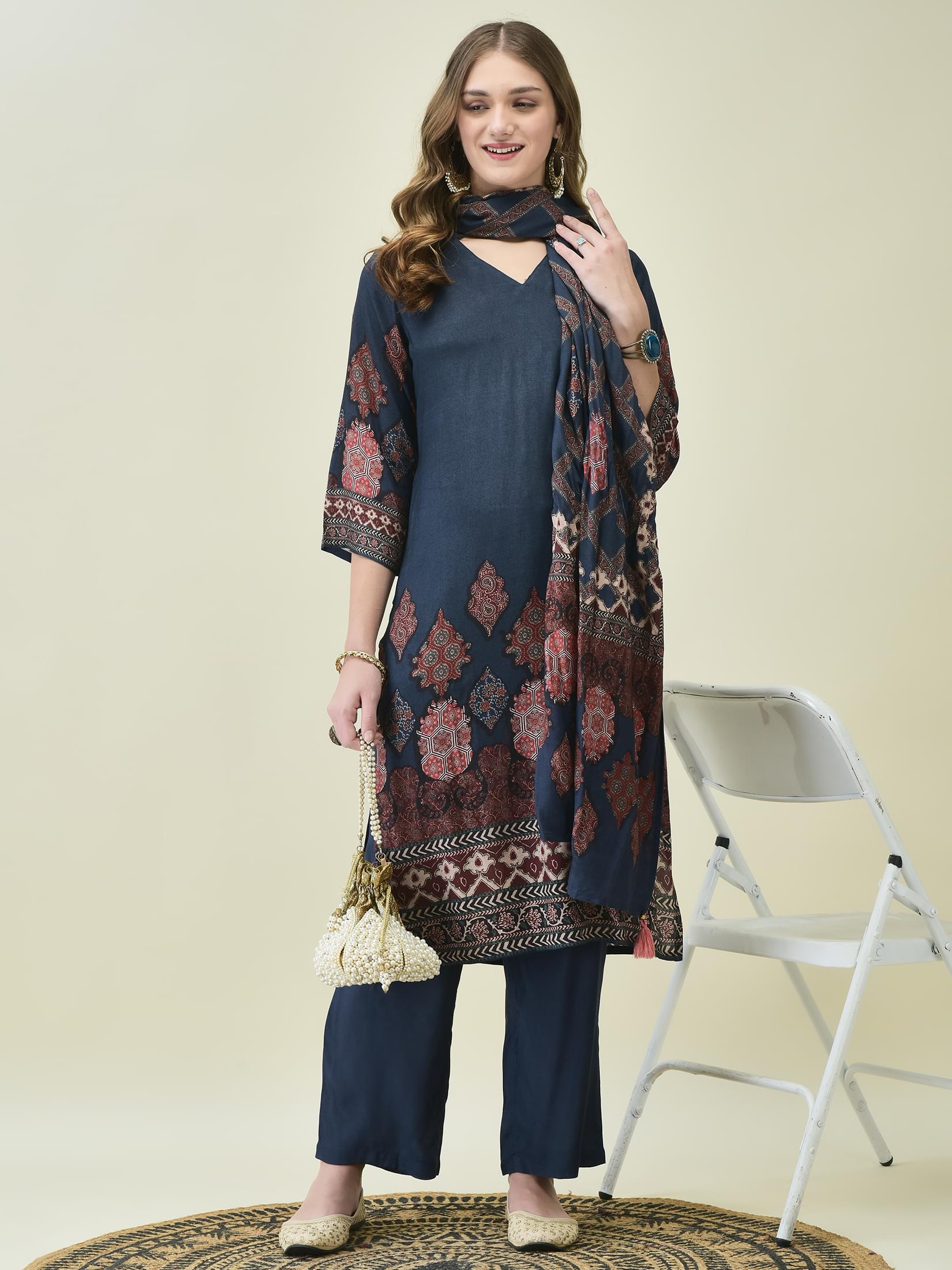 Classic blue heritage layout print premium muslin silk straight line dupatta suit