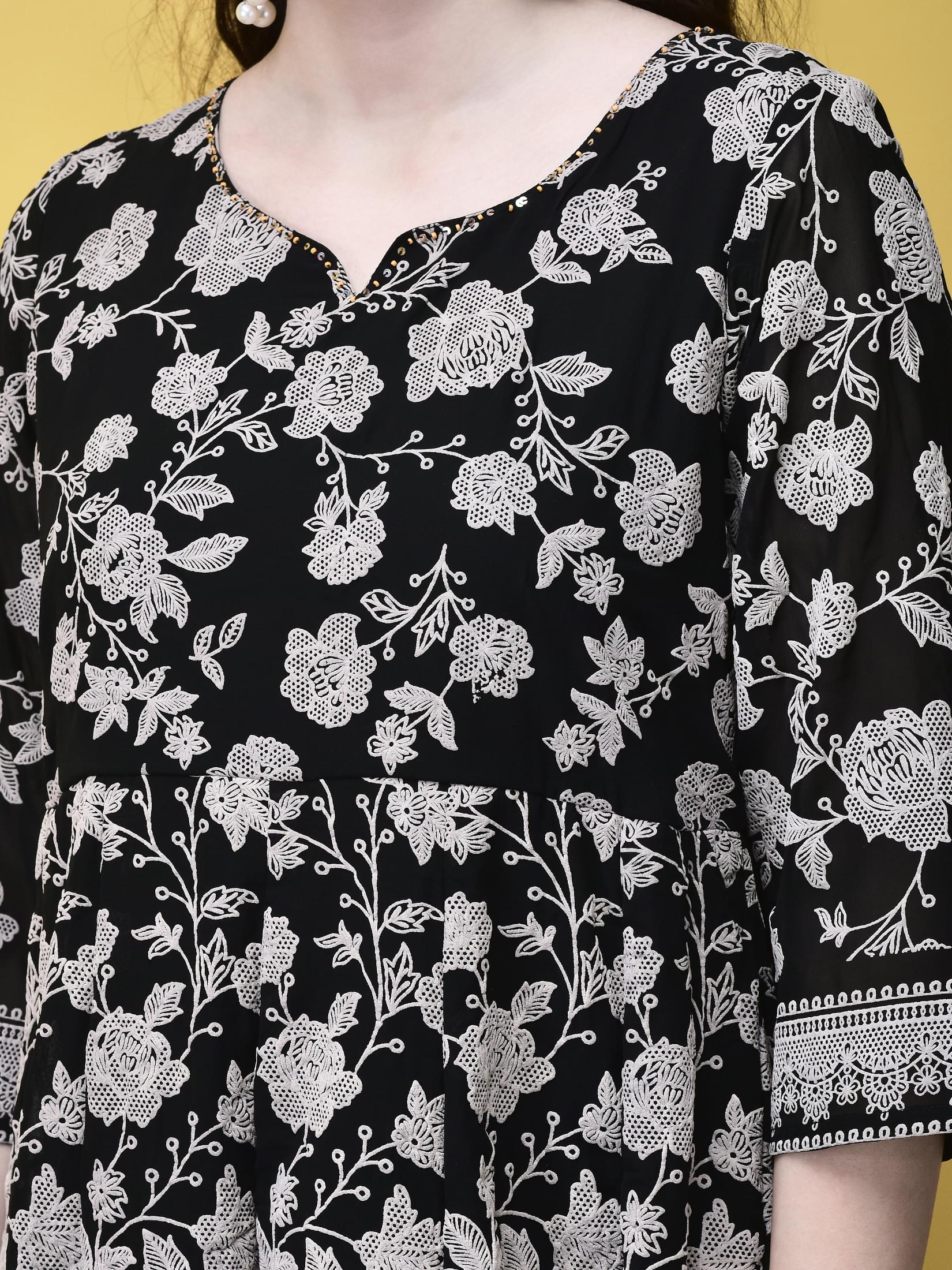 Women Georgette Black Emboss Floral Print Kurta Trouser Dupatta.