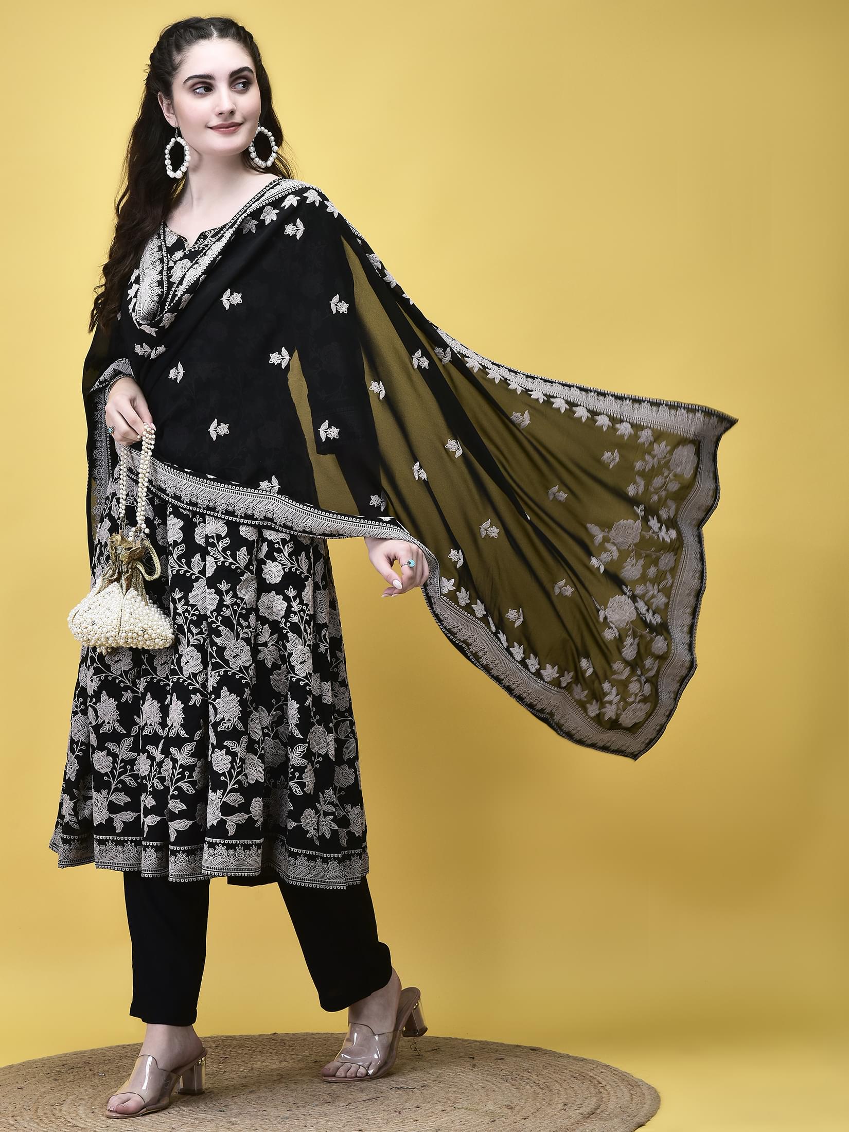 Women Georgette Black Emboss Floral Print Kurta Trouser Dupatta.