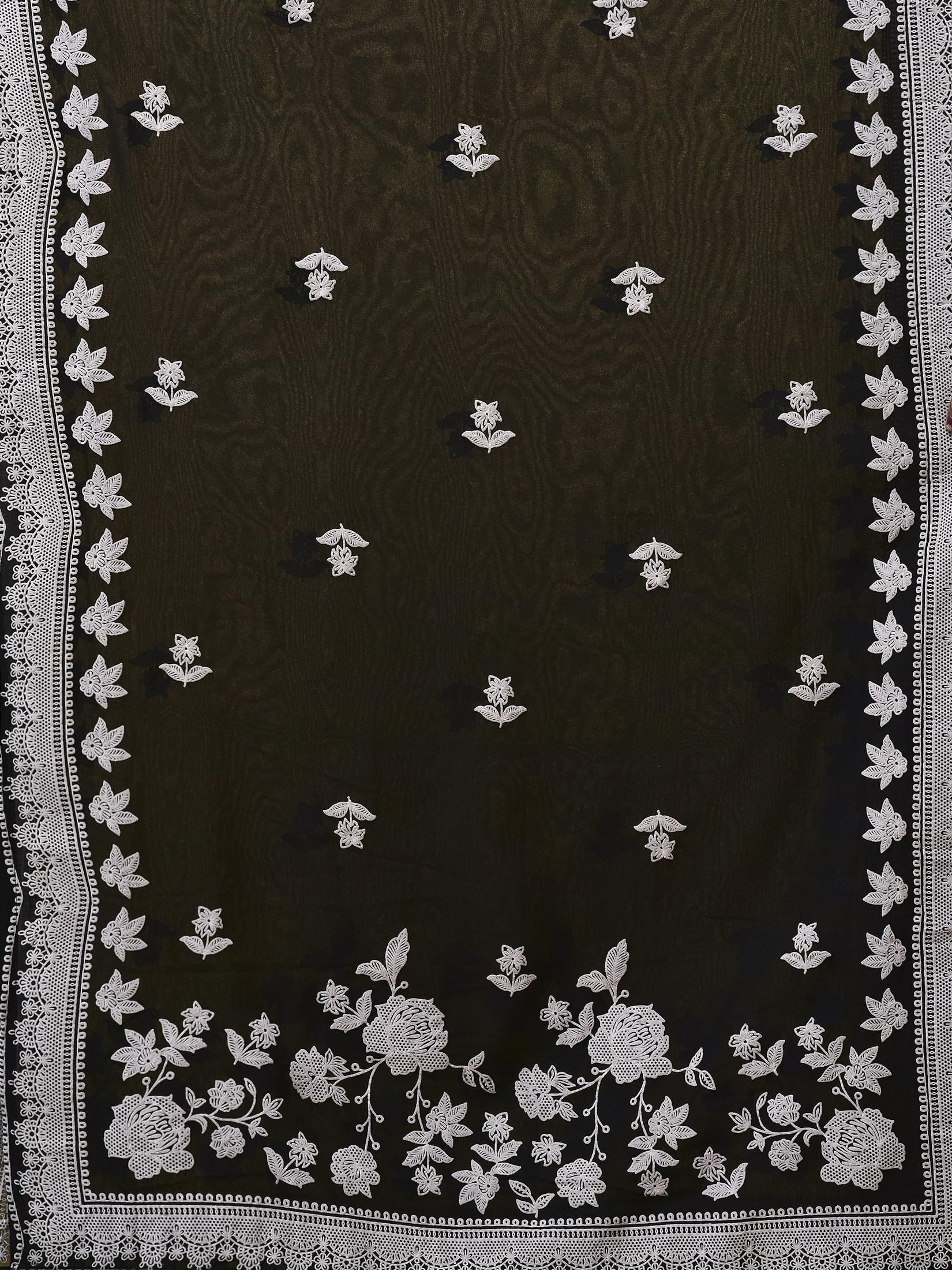 Women Georgette Black Emboss Floral Print Kurta Trouser Dupatta.
