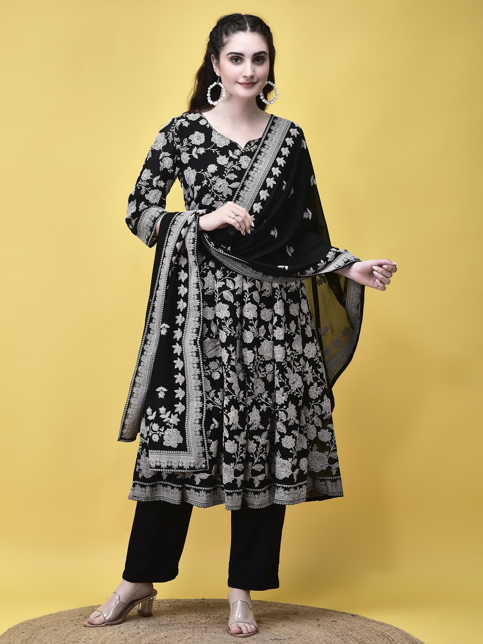 Jet black self emboss floral texture georgette luxury evening wear trouser suit byshree