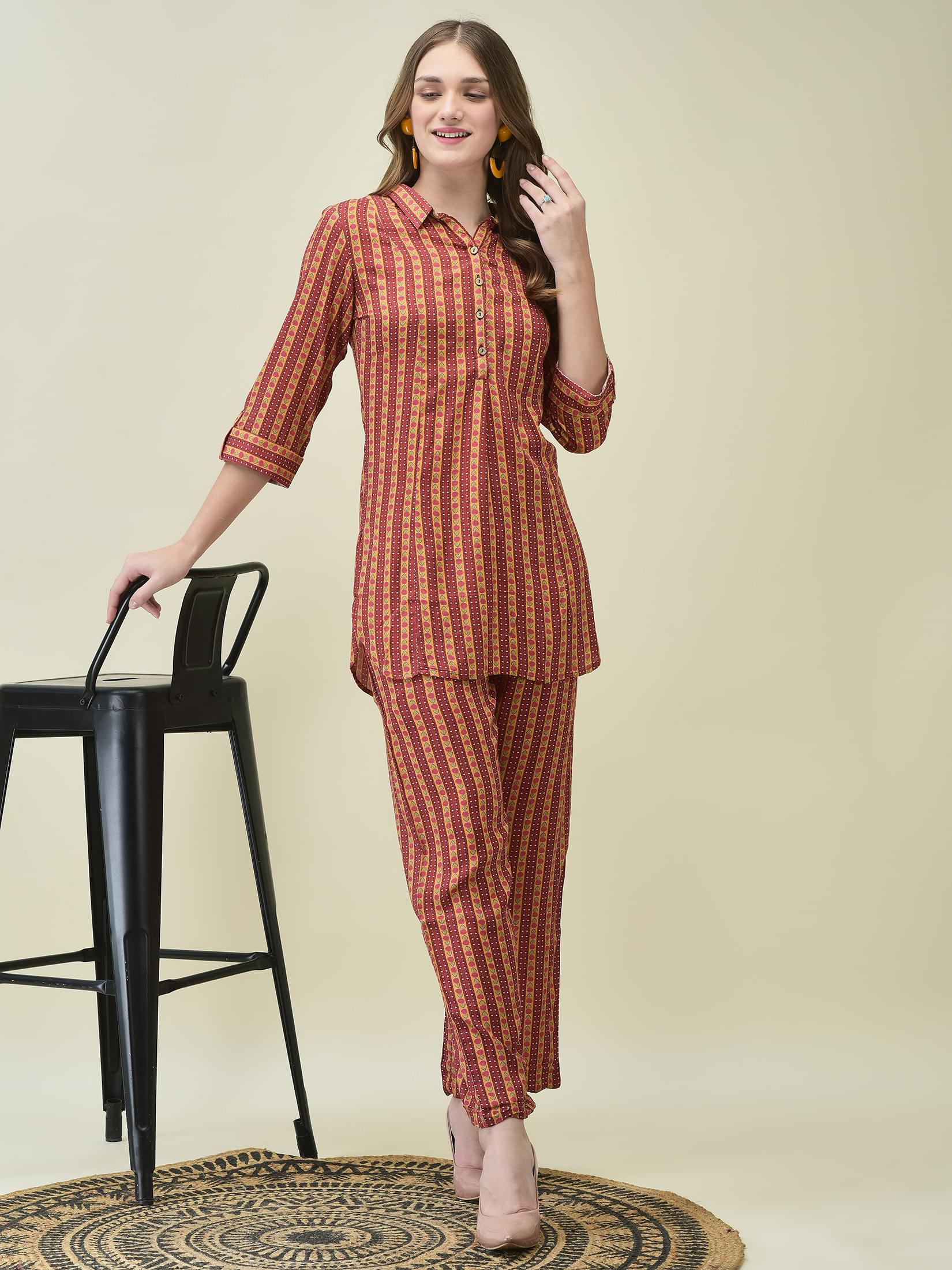 Women Liva Multicolor Stripe Print Co-Ord Set.