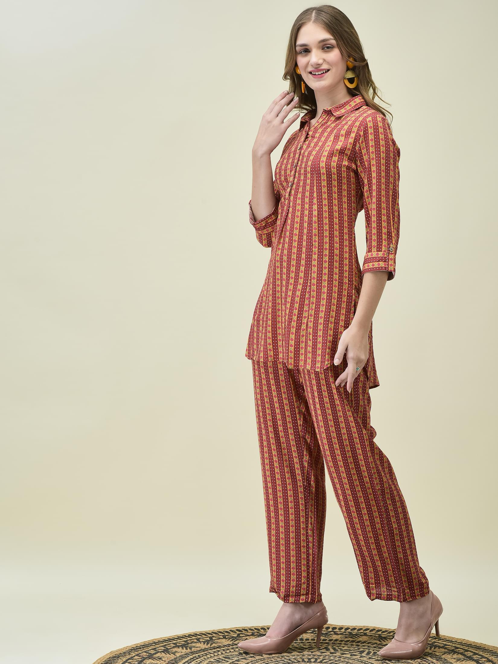Women Liva Multicolor Stripe Print Co-Ord Set.