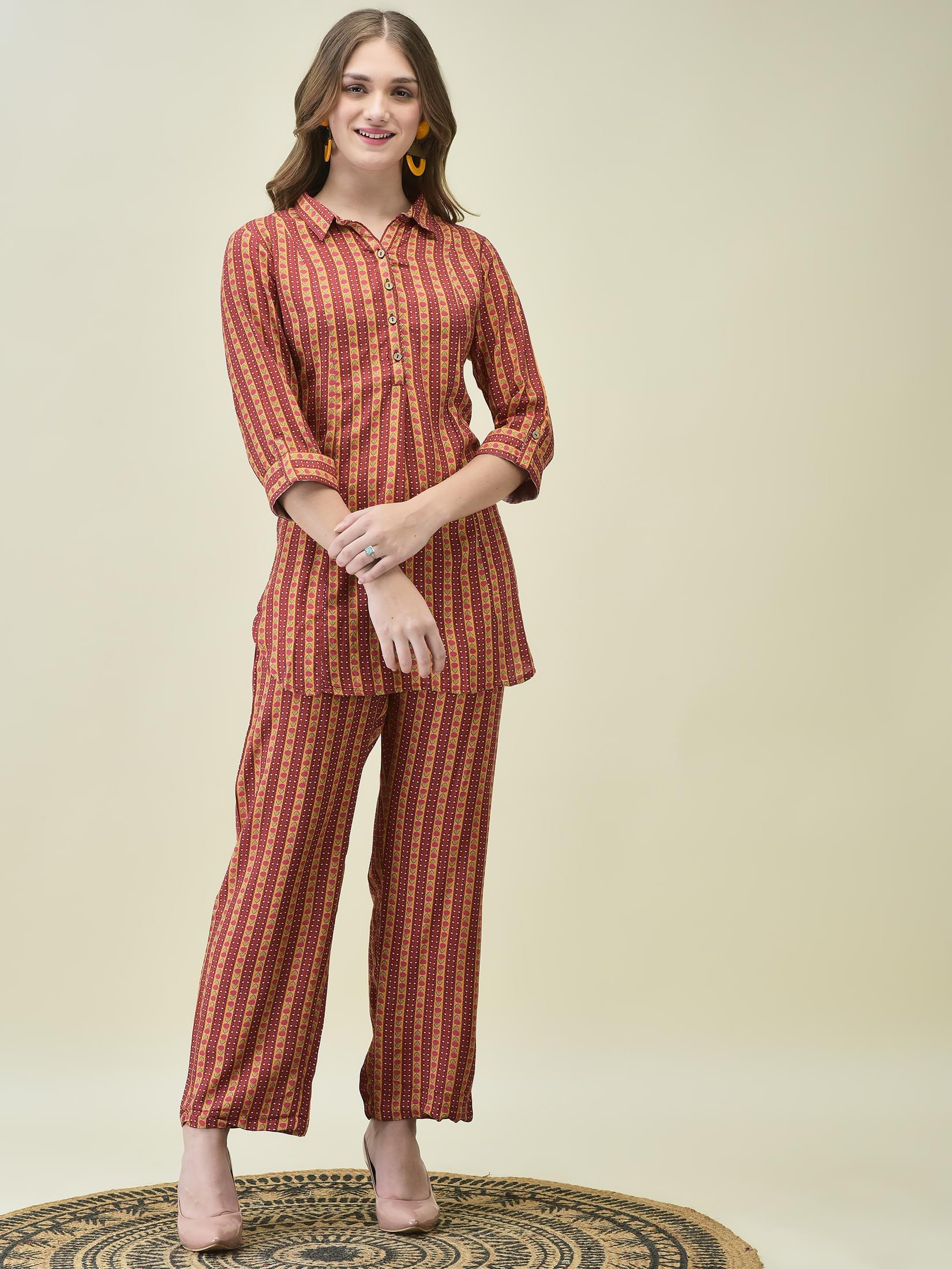 Women Liva Multicolor Stripe Print Co-Ord Set.