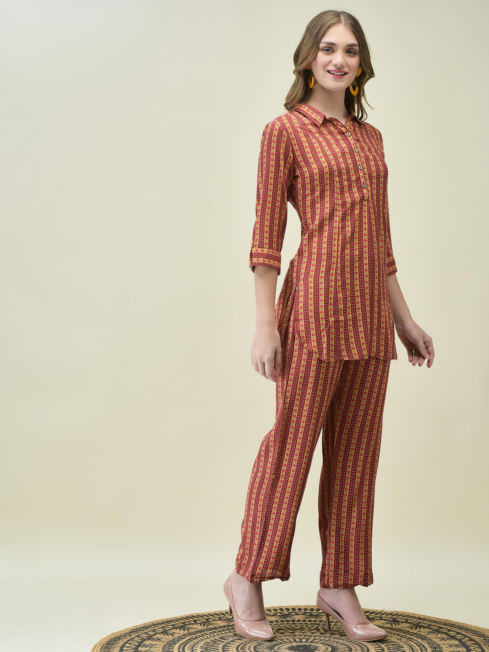 Women Liva Multicolor Stripe Print Co-Ord Set.