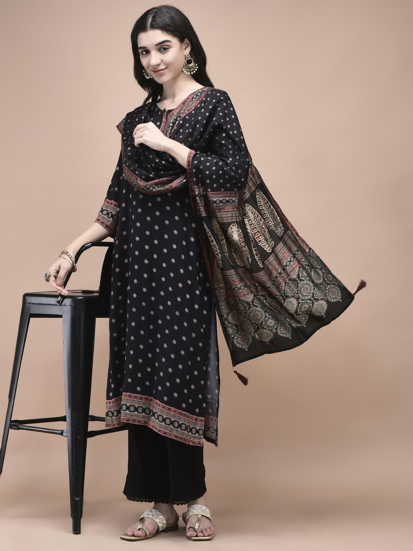 Women Liva Black Ajrakh Print Kurta Comfort Pant Dupatta.