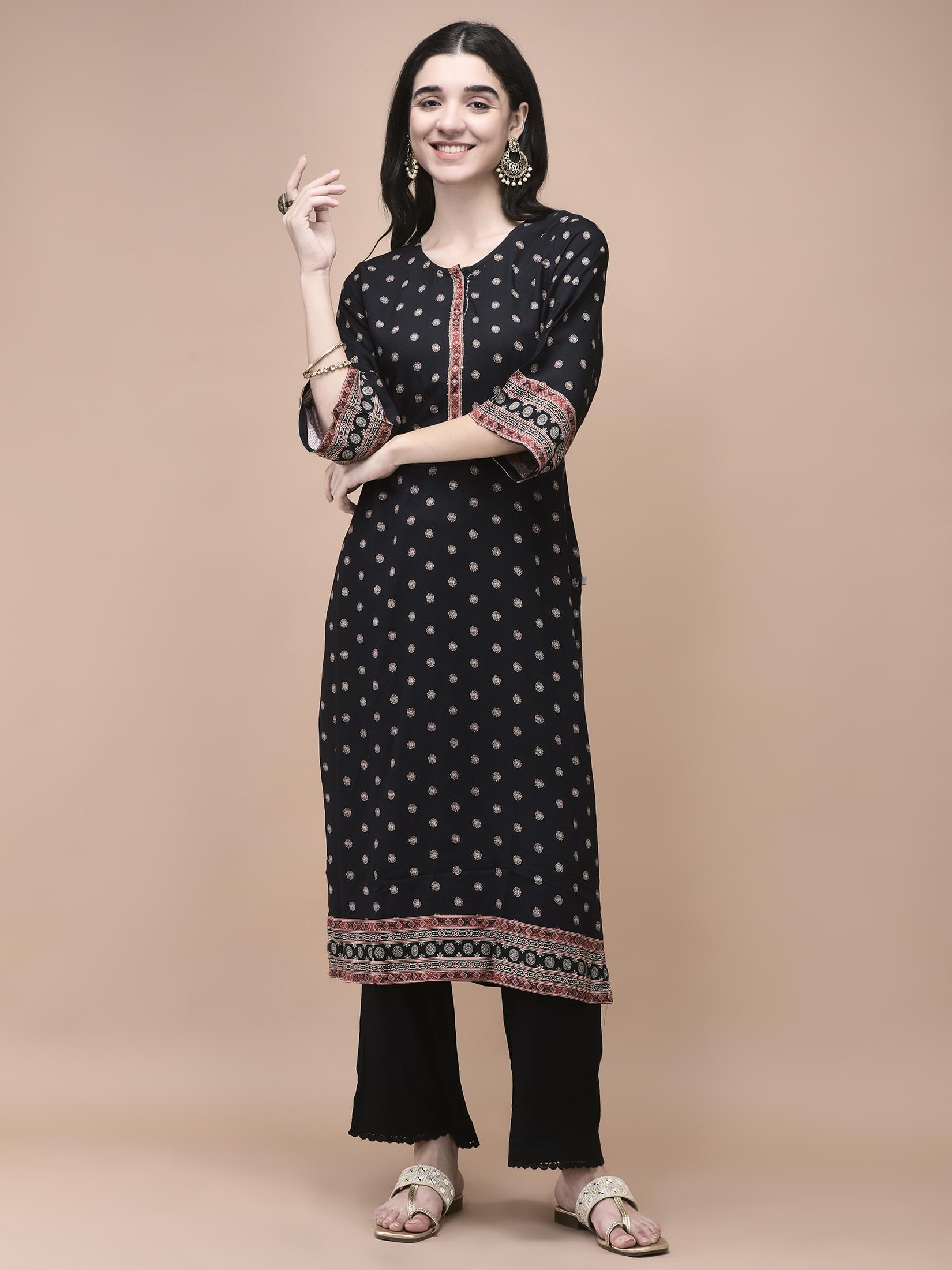 Women Liva Black Ajrakh Print Kurta Comfort Pant Dupatta.