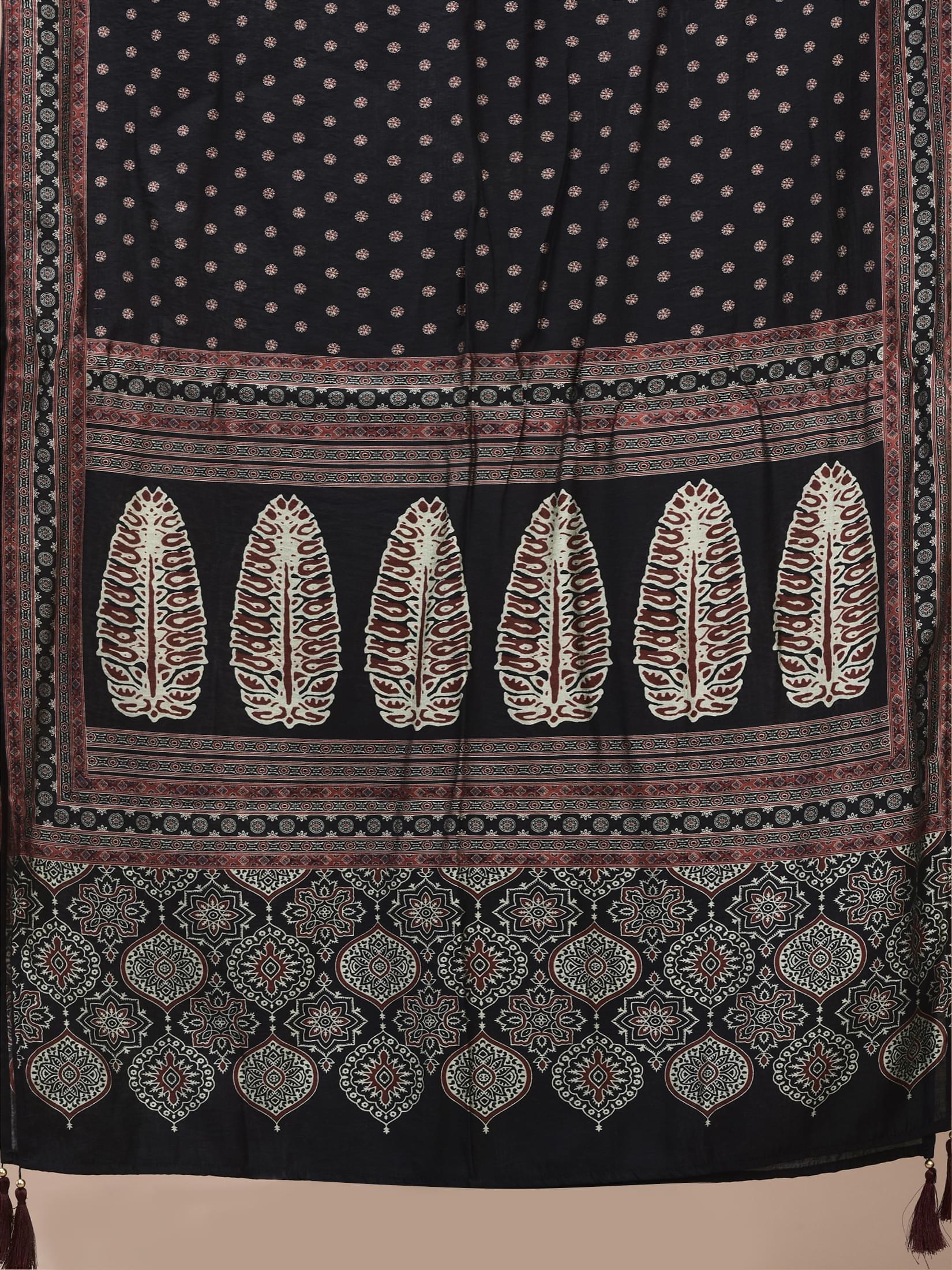 Women Liva Black Ajrakh Print Kurta Comfort Pant Dupatta.
