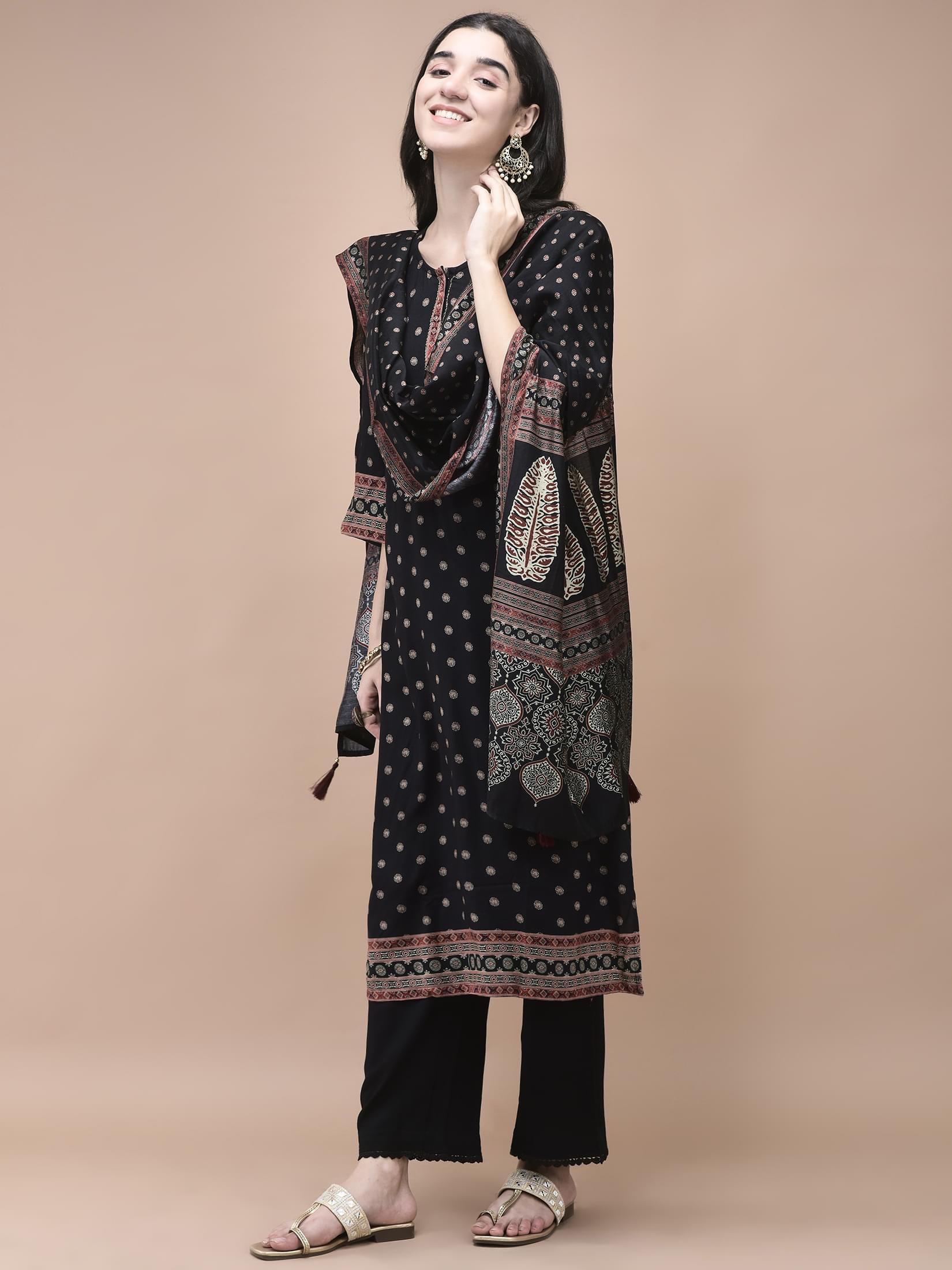 Women Liva Black Ajrakh Print Kurta Comfort Pant Dupatta.