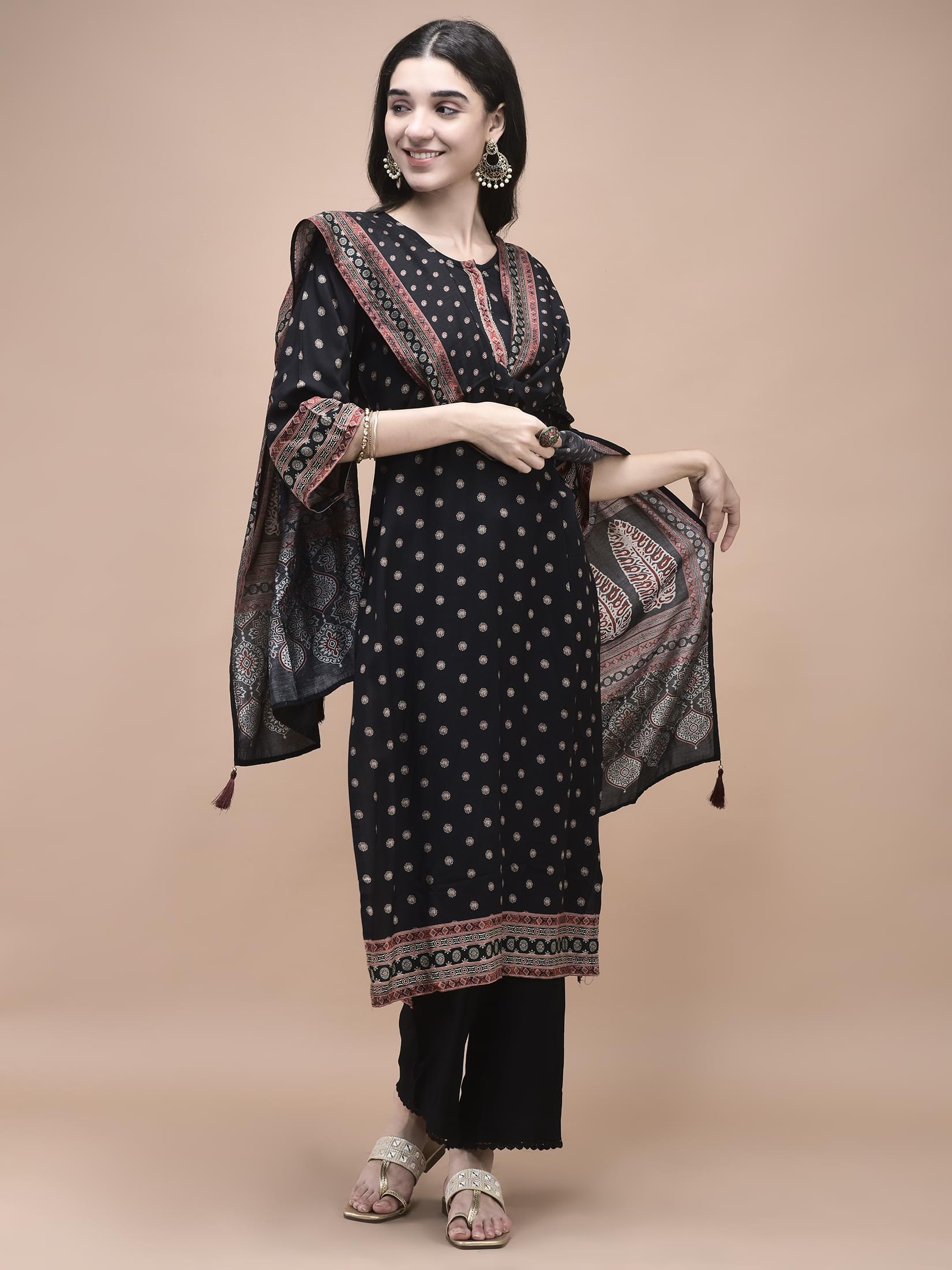 Women Liva Black Ajrakh Print Kurta Comfort Pant Dupatta.