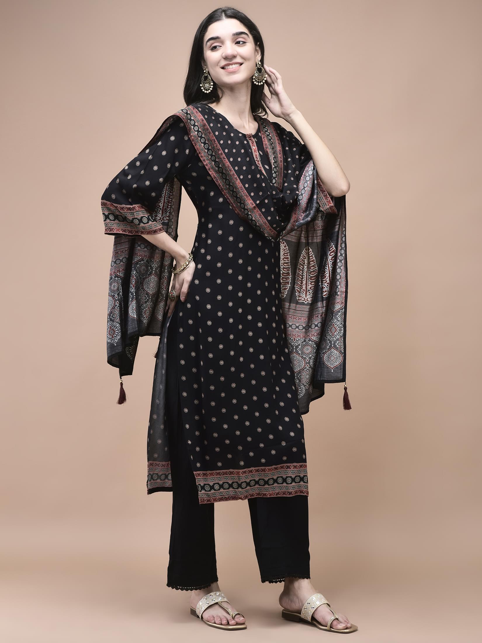 Women Liva Black Ajrakh Print Kurta Comfort Pant Dupatta.