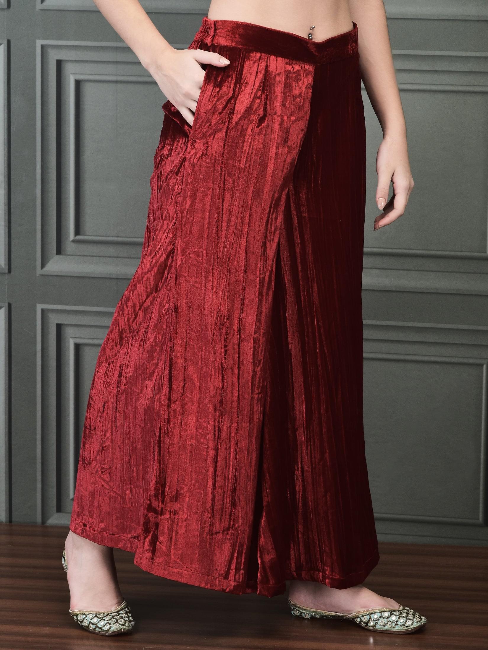 Women Winter Velvet Pink Embroidered Kurta Wide Leg Pant Dupatta.