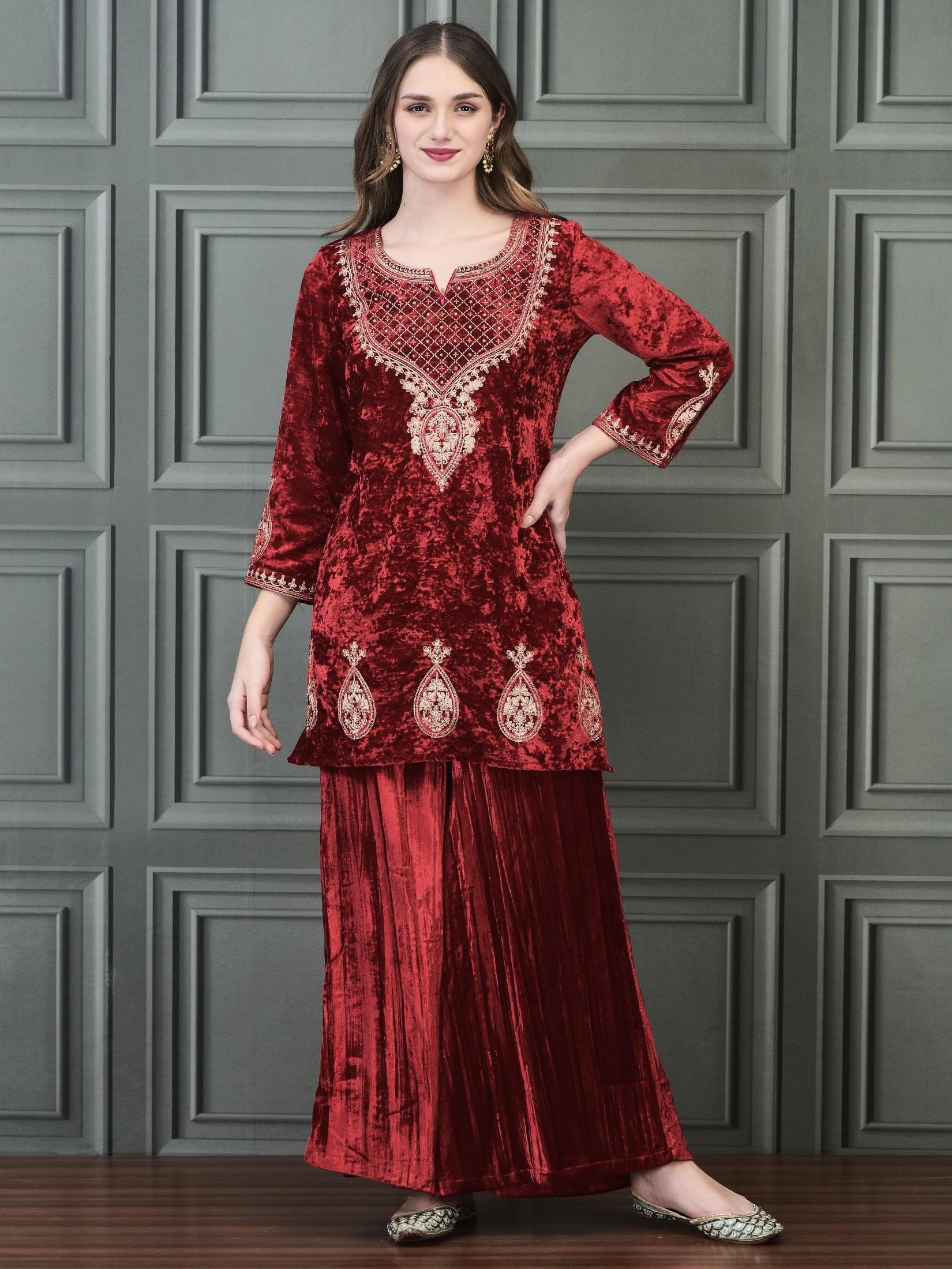 Women Winter Velvet Pink Embroidered Kurta Wide Leg Pant Dupatta.