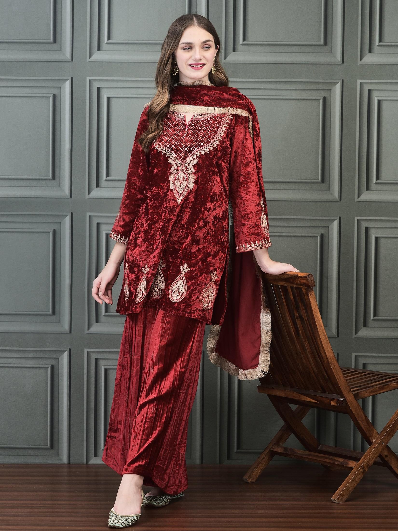 Women Winter Velvet Pink Embroidered Kurta Wide Leg Pant Dupatta.