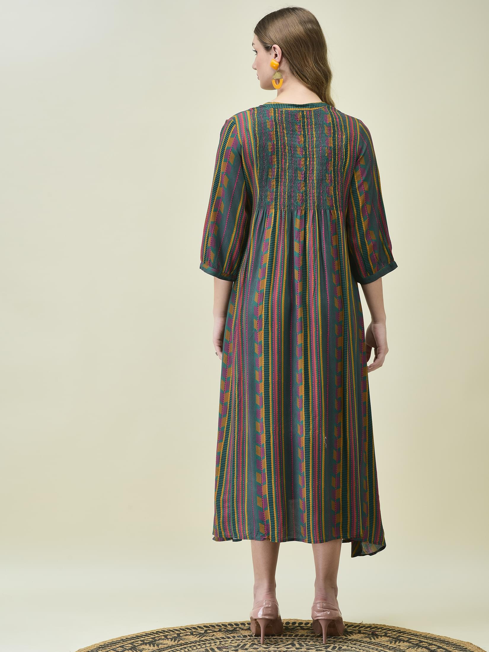 Women Liva Rayon Green Stripe Print Dress.