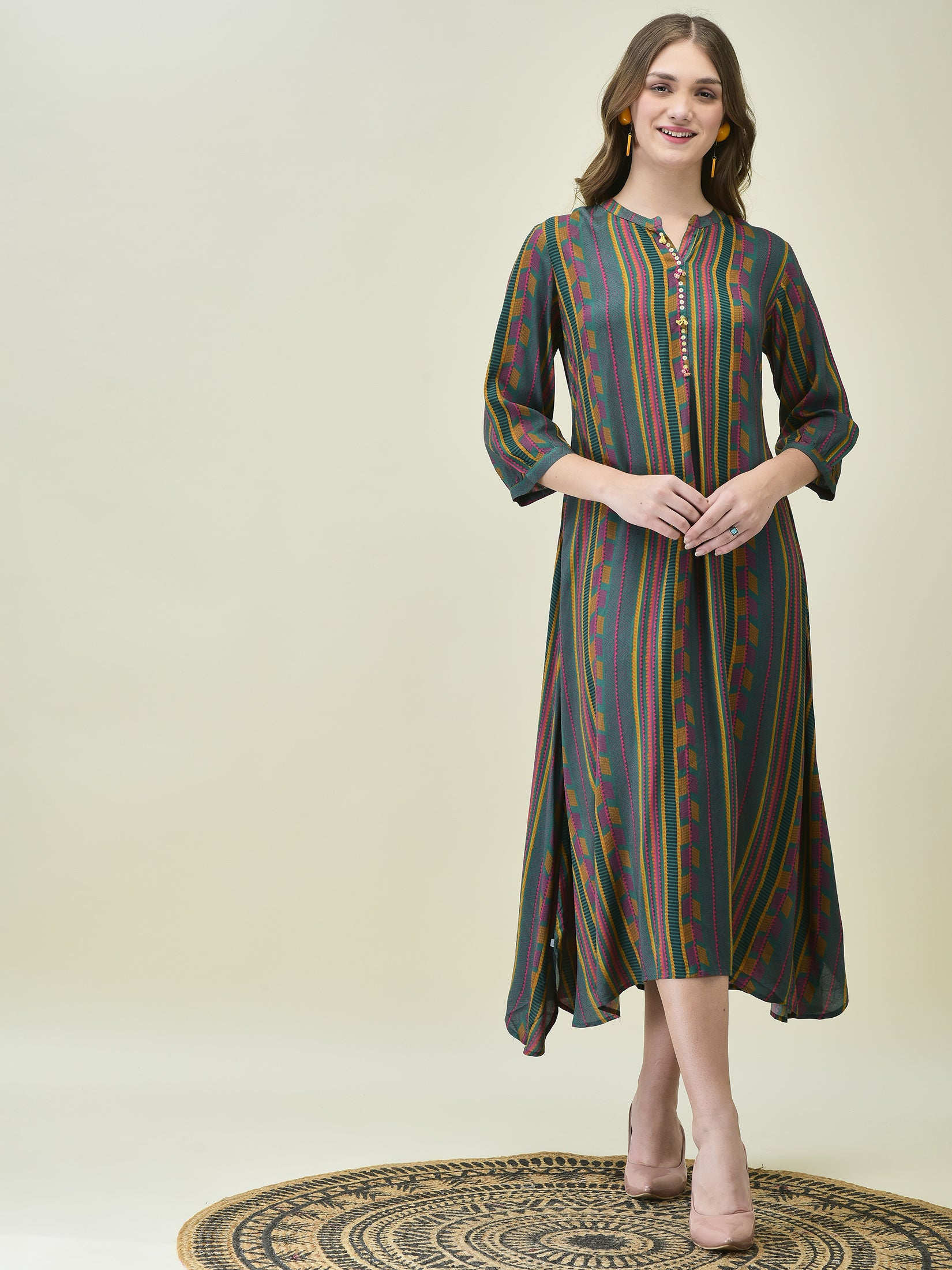 Women Liva Rayon Green Stripe Print Dress Women Liva Rayon Green Stripe Print Dress
