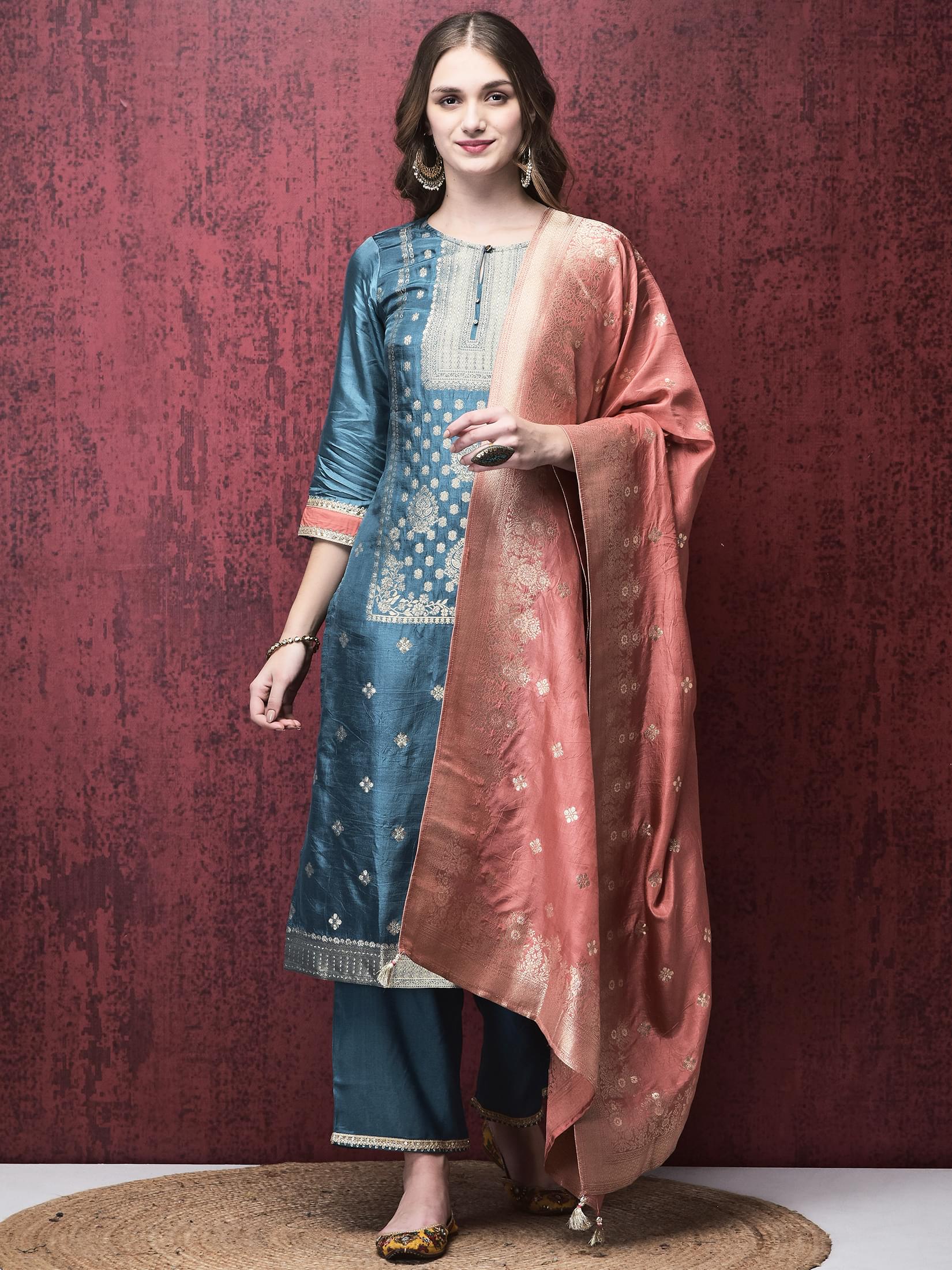 Cobalt blue intricate woven jacquard Dola silk celebratory straight silhouette suit