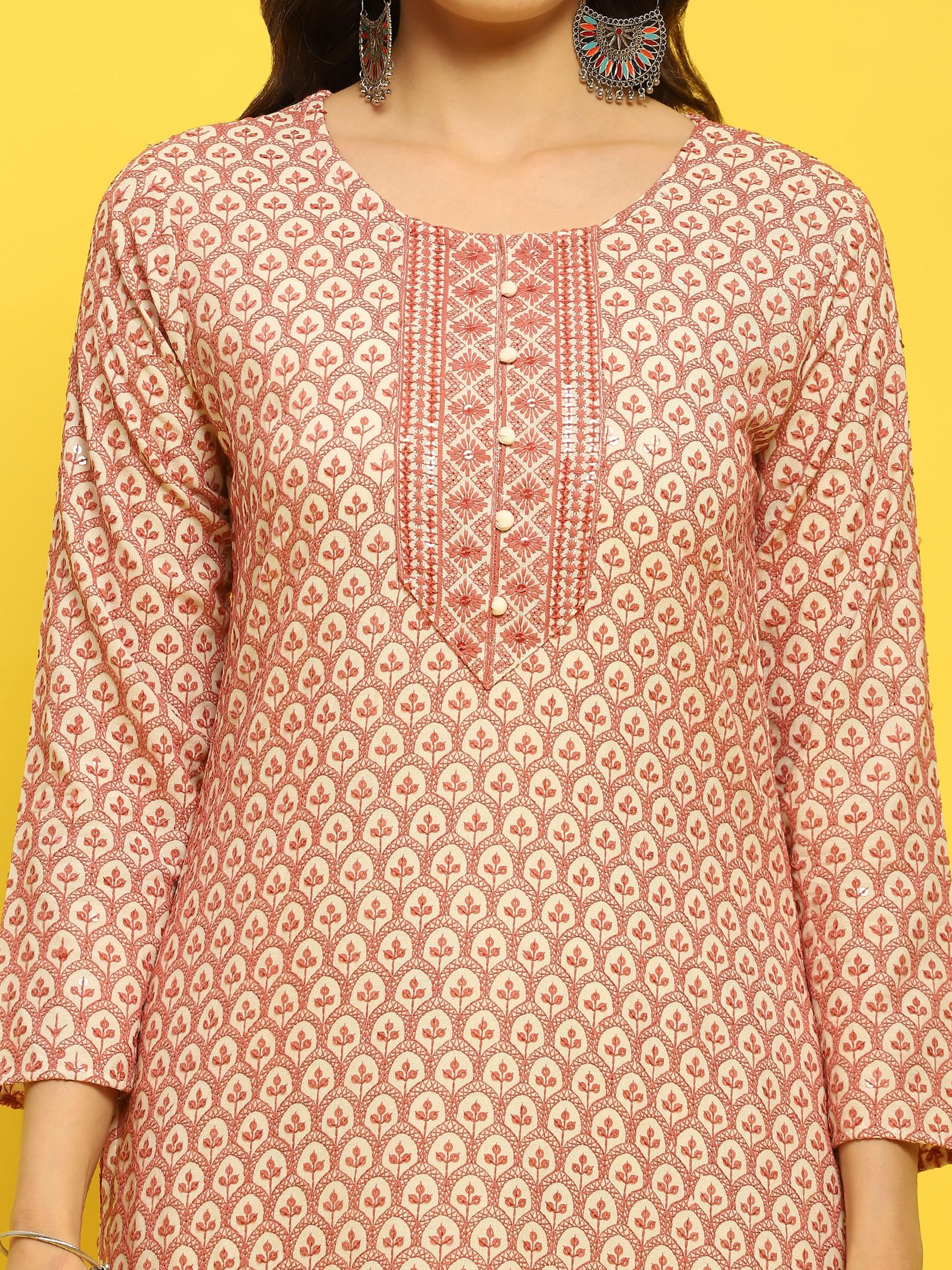 Women Liva Rayon Lilac Schiffli Embroidered Kurta.