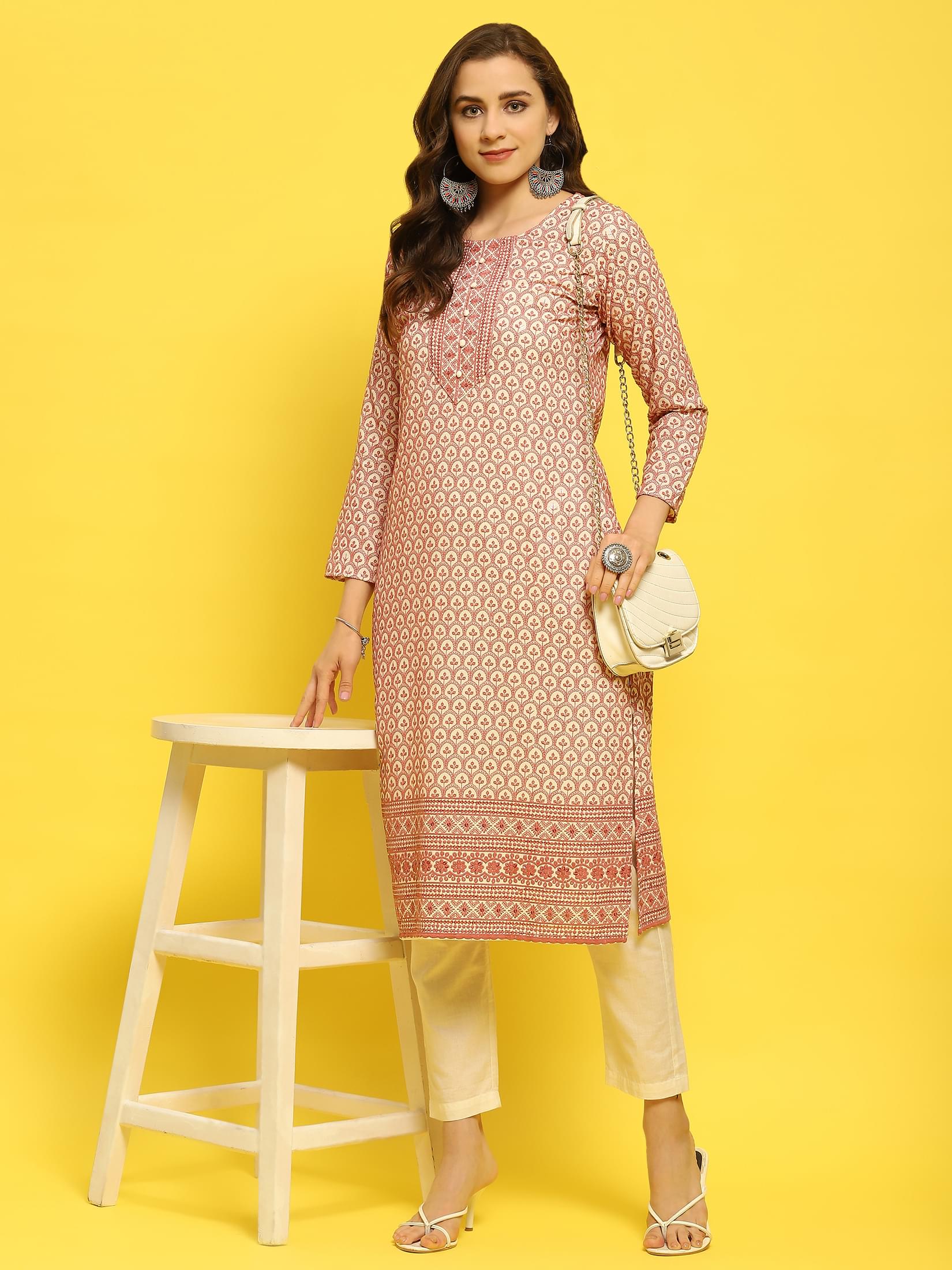 Women Liva Rayon Lilac Schiffli Embroidered Kurta.
