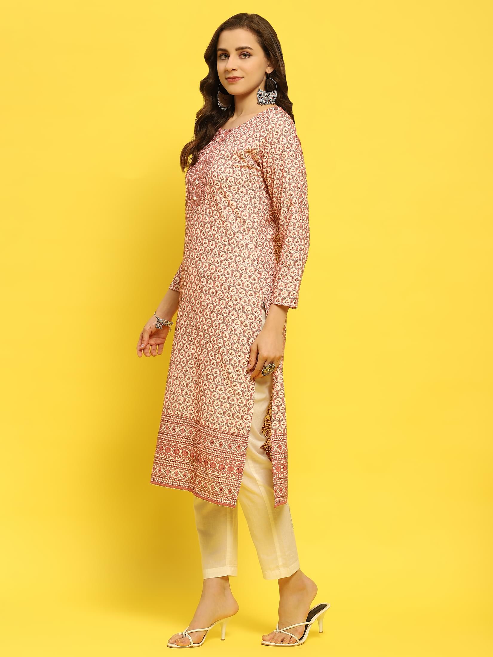 Women Liva Rayon Lilac Schiffli Embroidered Kurta.