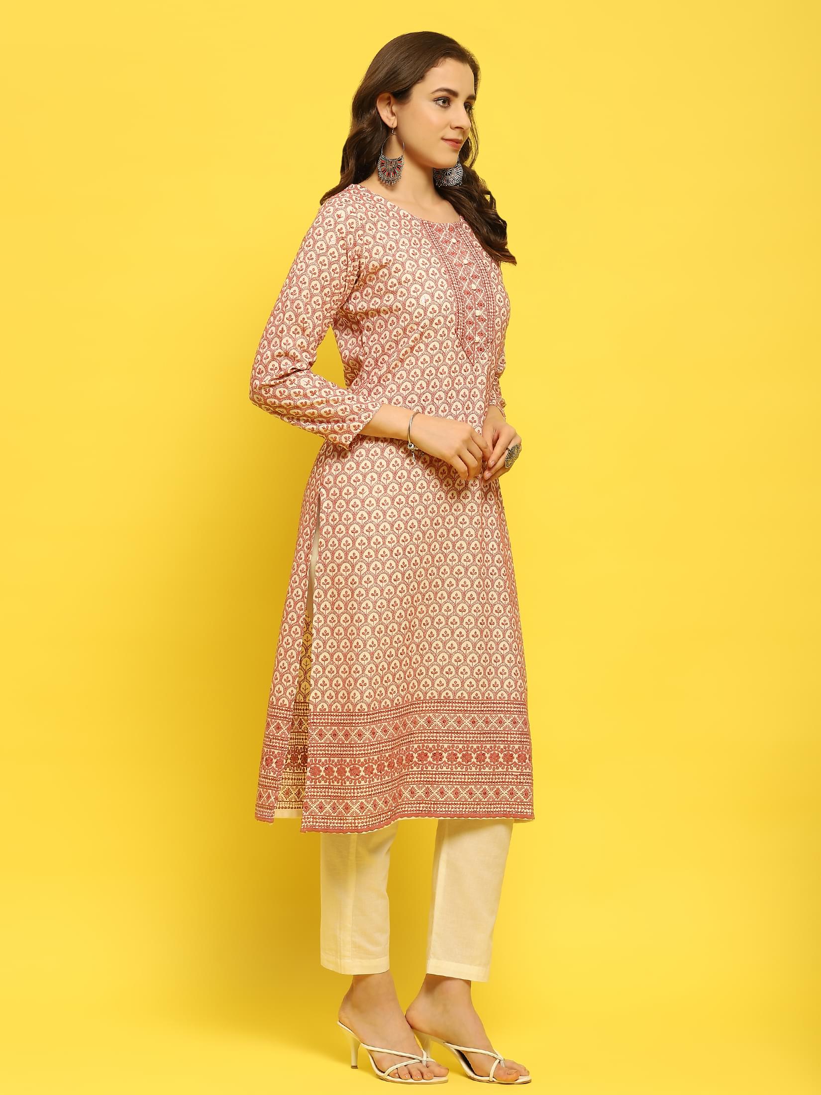 Women Liva Rayon Lilac Schiffli Embroidered Kurta.