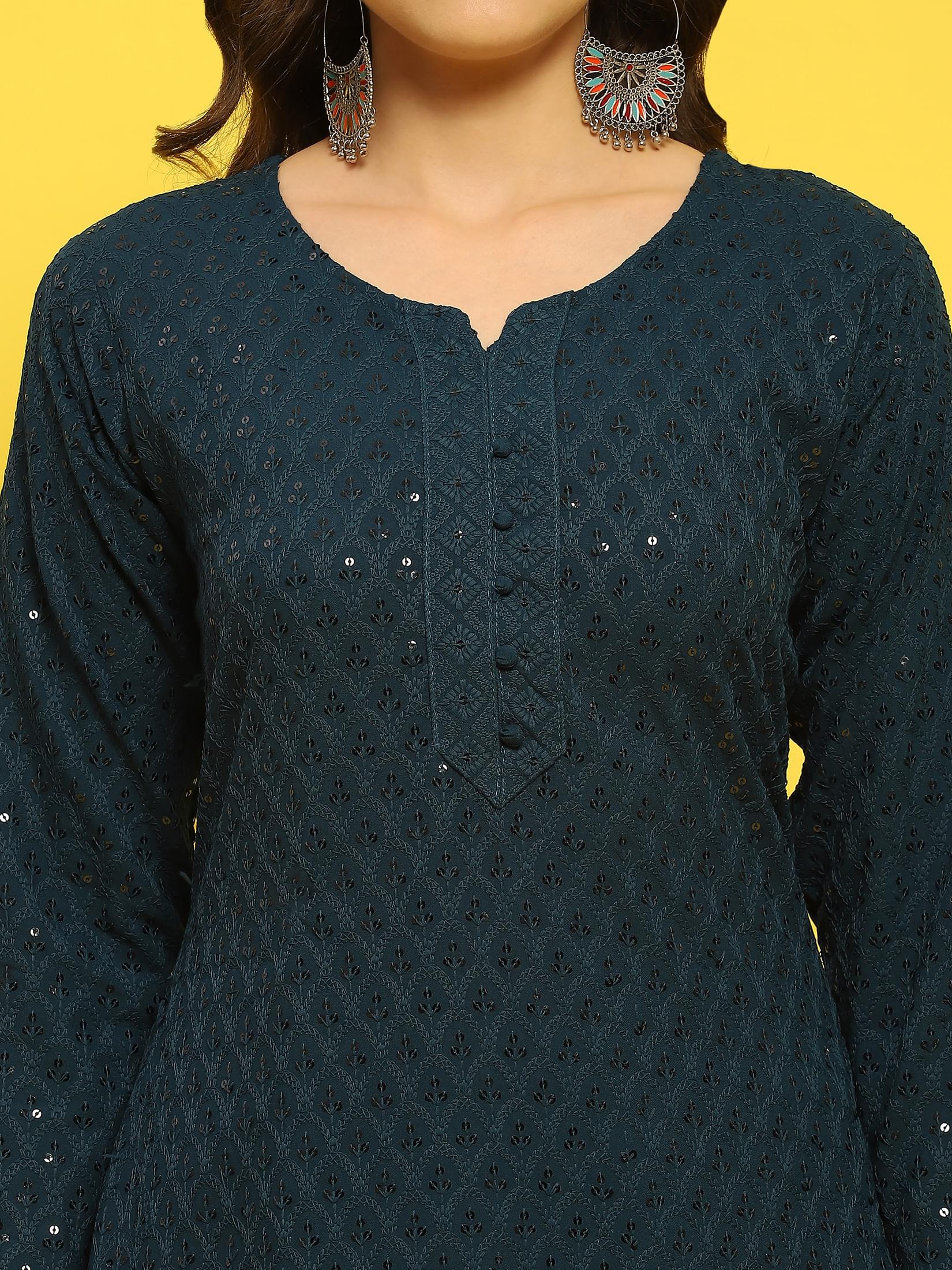 Women Liva Rayon Blue Schiffli Embroidered Kurta.
