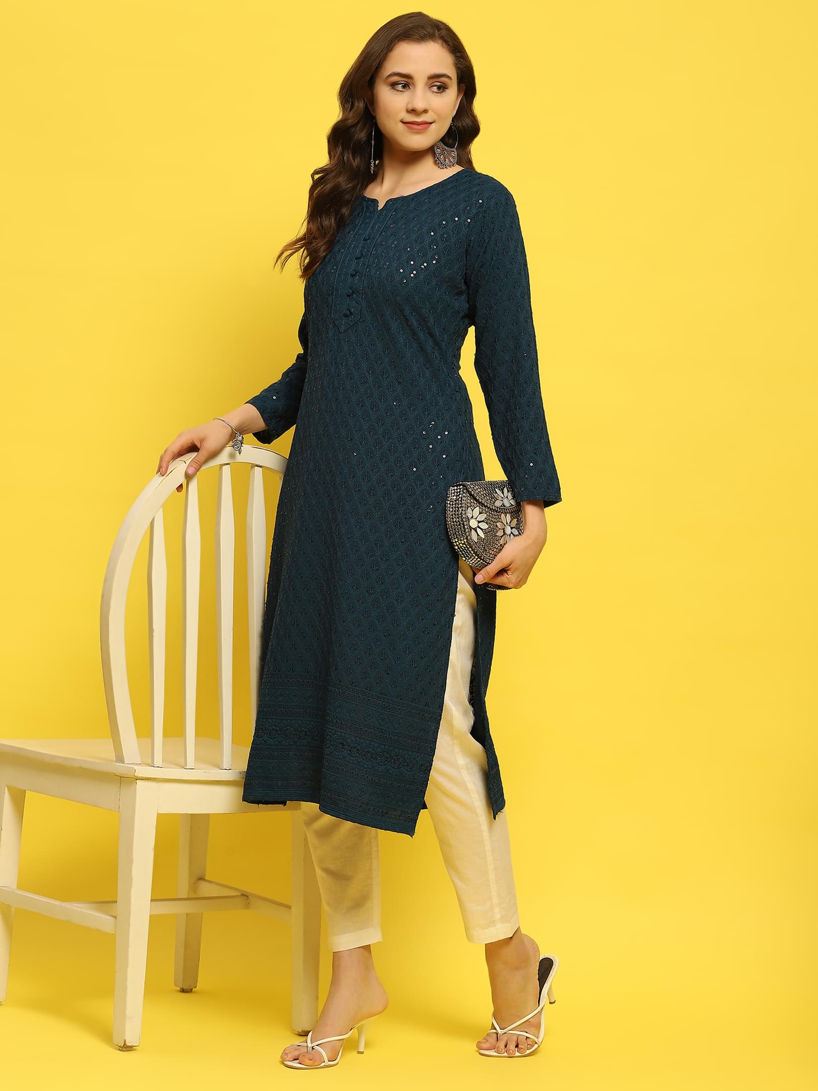 Women Liva Rayon Blue Schiffli Embroidered Kurta.
