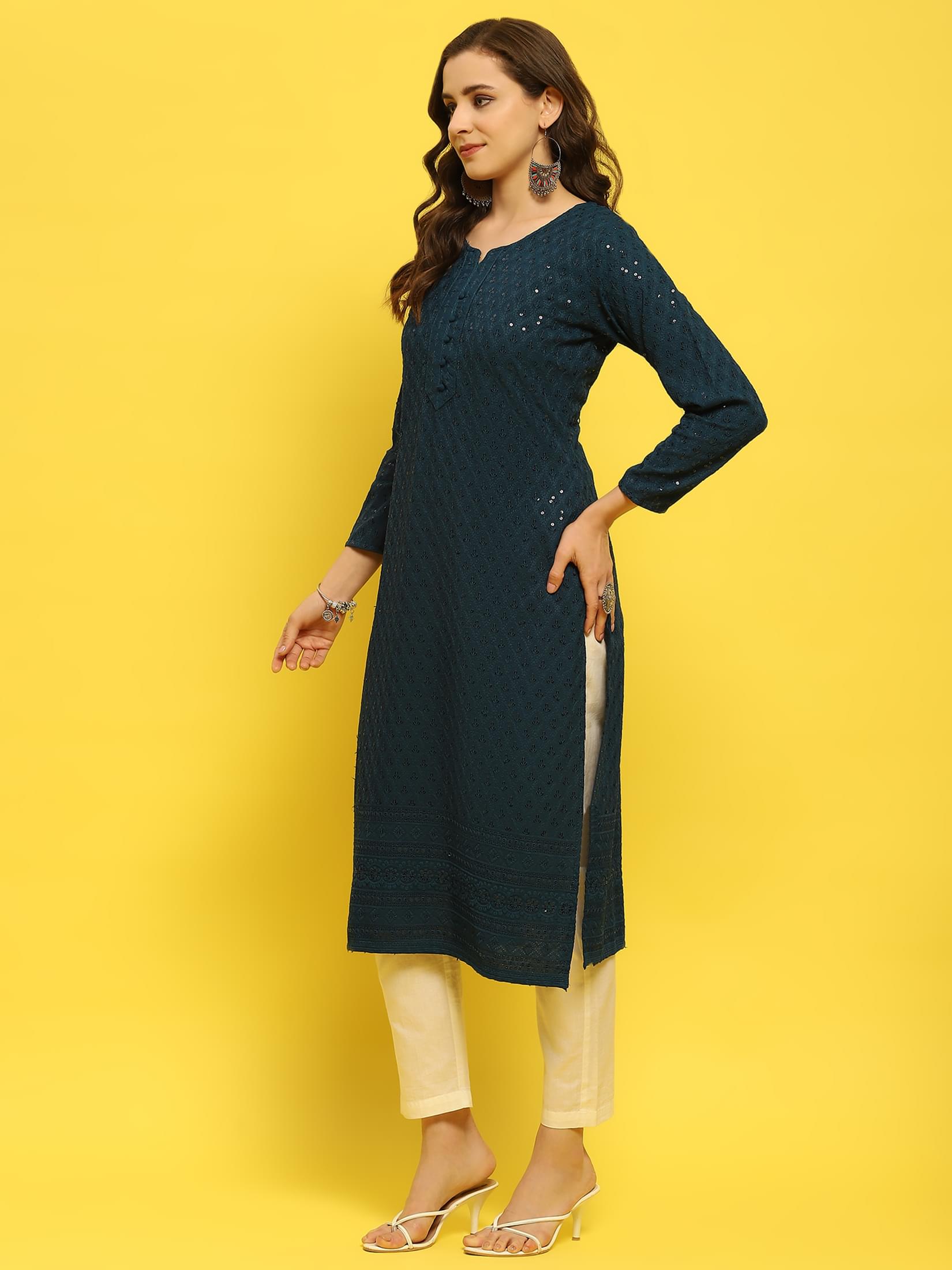 Women Liva Rayon Blue Schiffli Embroidered Kurta.