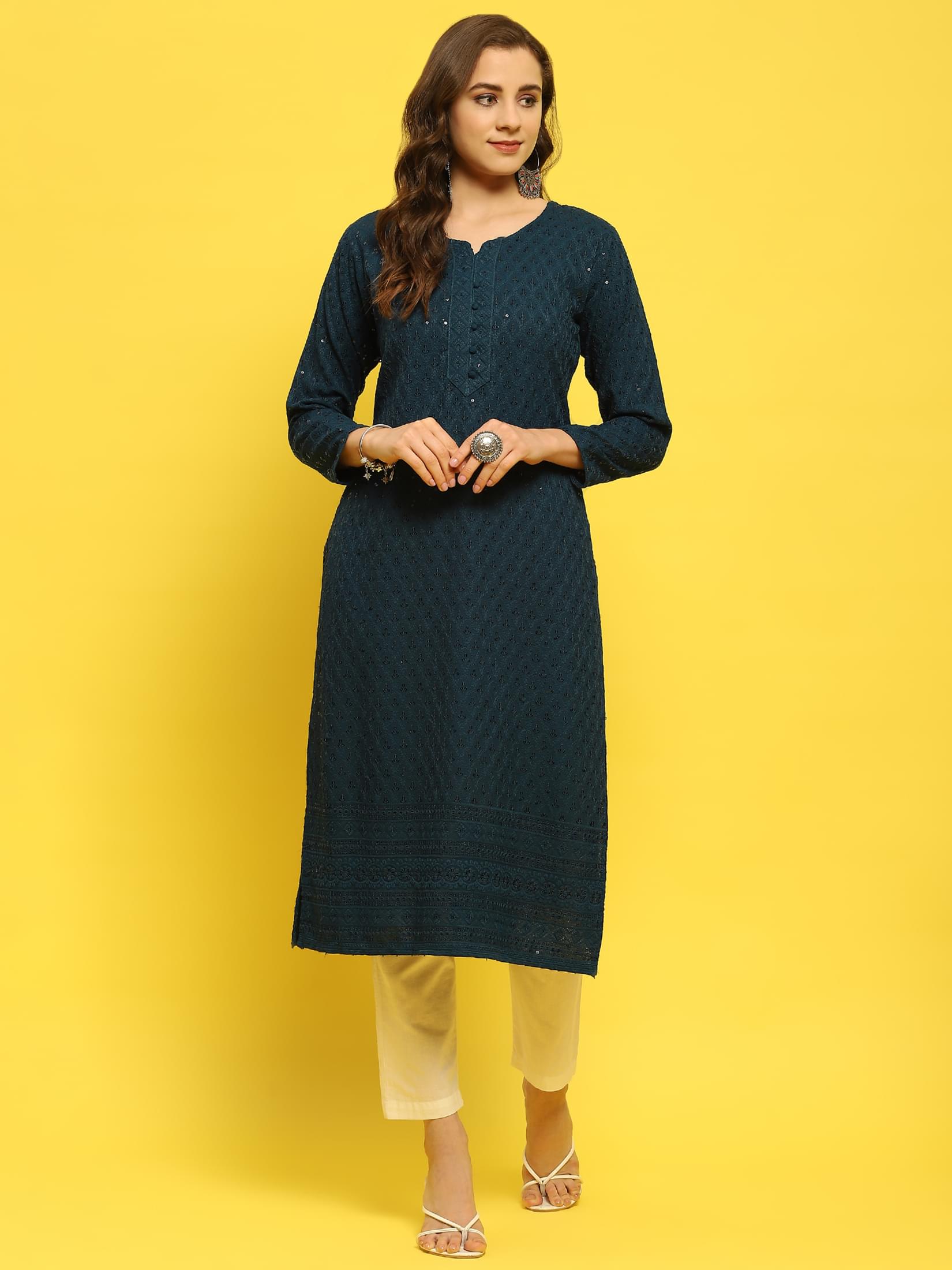 Women Liva Rayon Blue Schiffli Embroidered Kurta.
