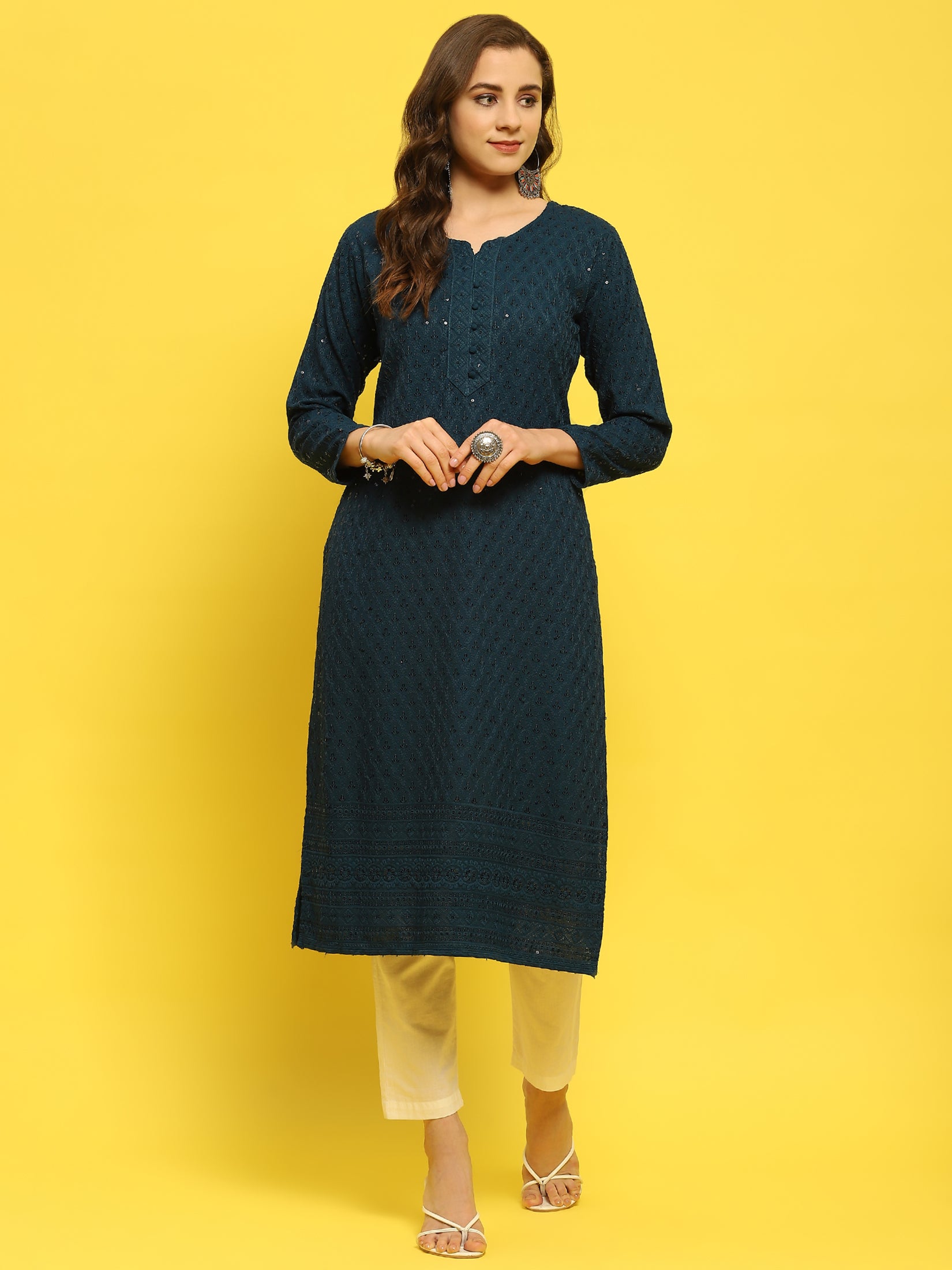 Peacock Blue Printed Rayon Kurta Set with Dupatta
