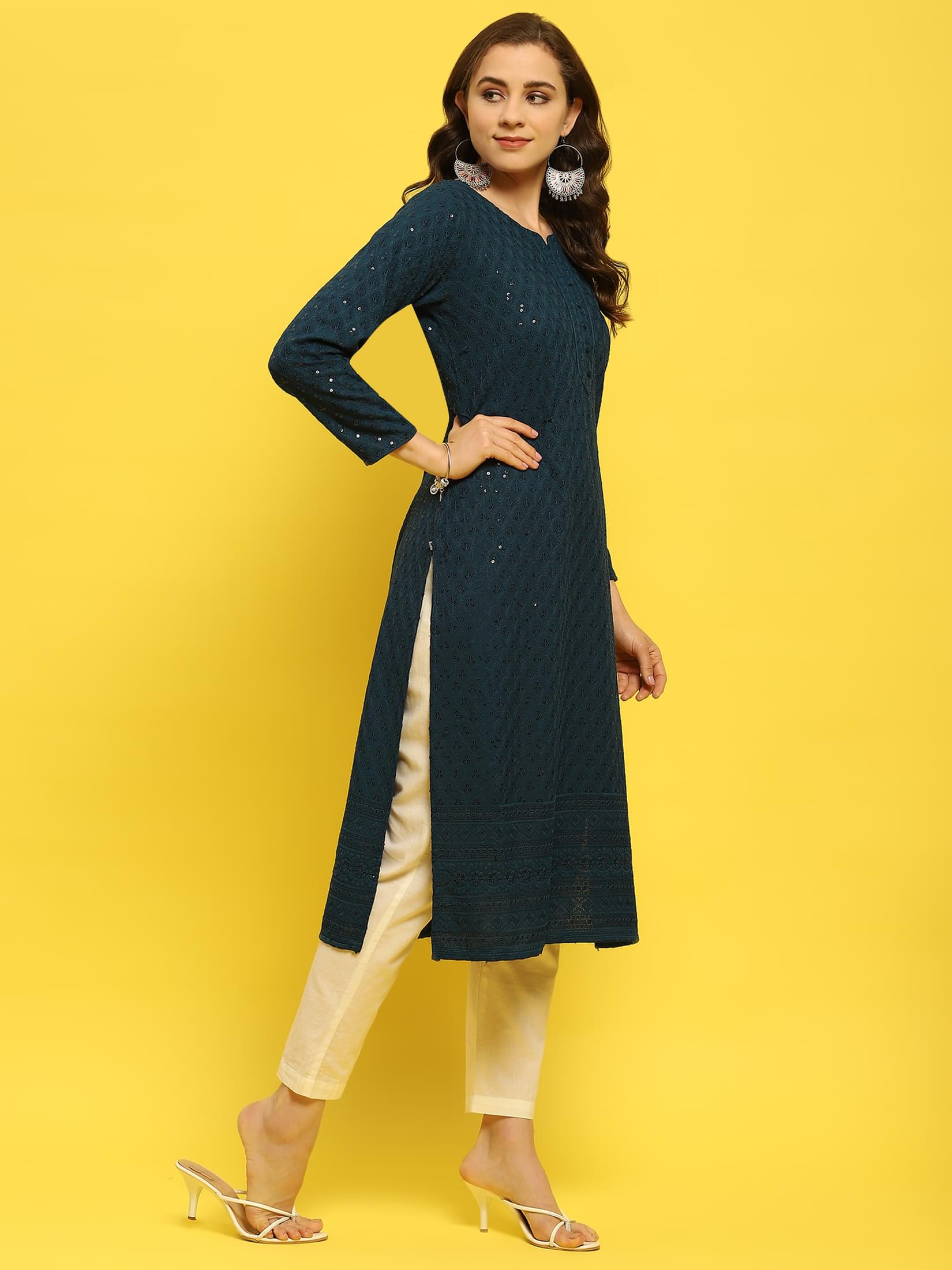 Women Liva Rayon Blue Schiffli Embroidered Kurta.