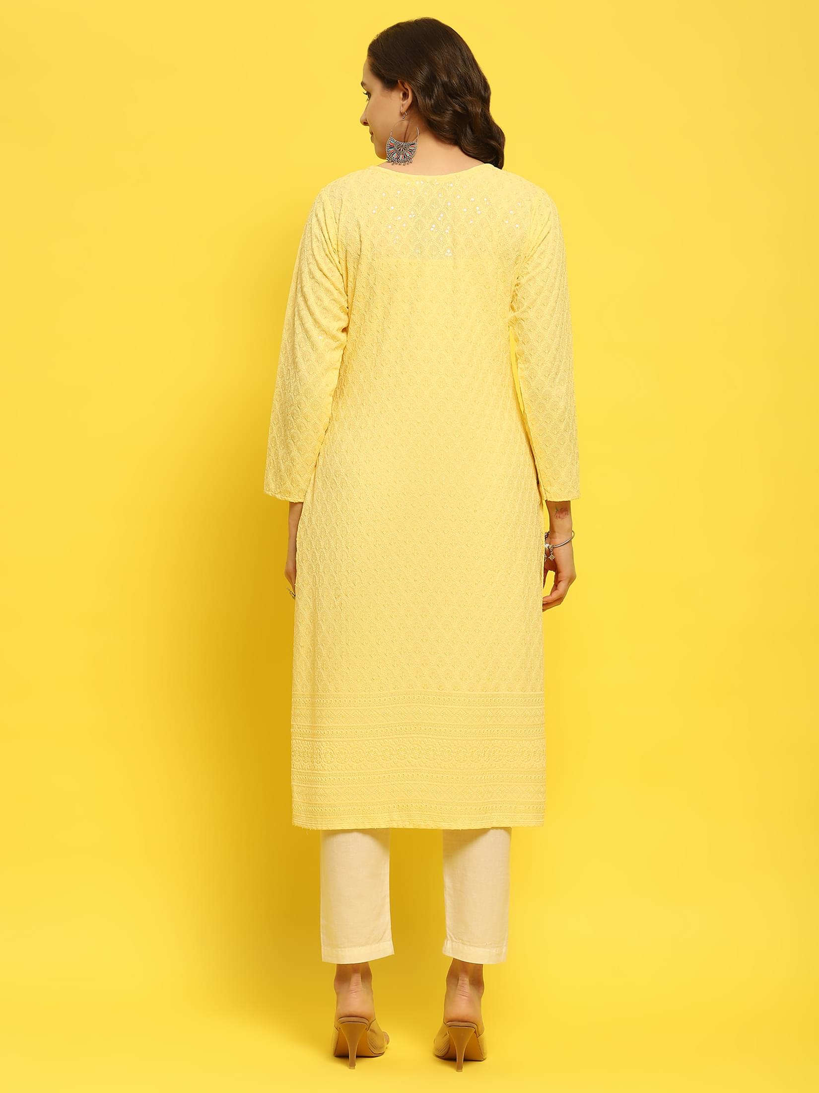 Women Liva Rayon Yellow Schiffli Embroidered Kurta.