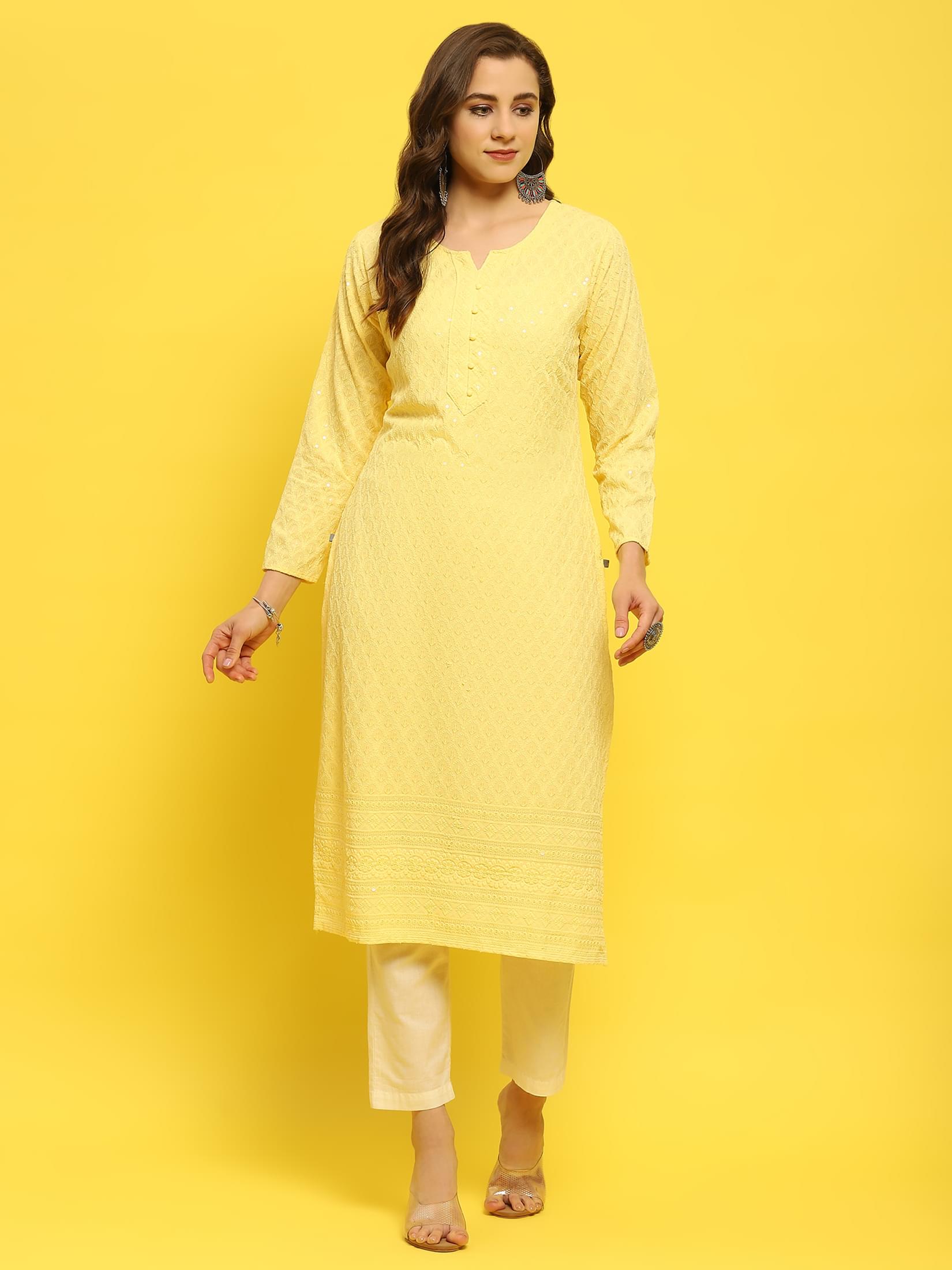 Women Liva Rayon Yellow Schiffli Embroidered Kurta.