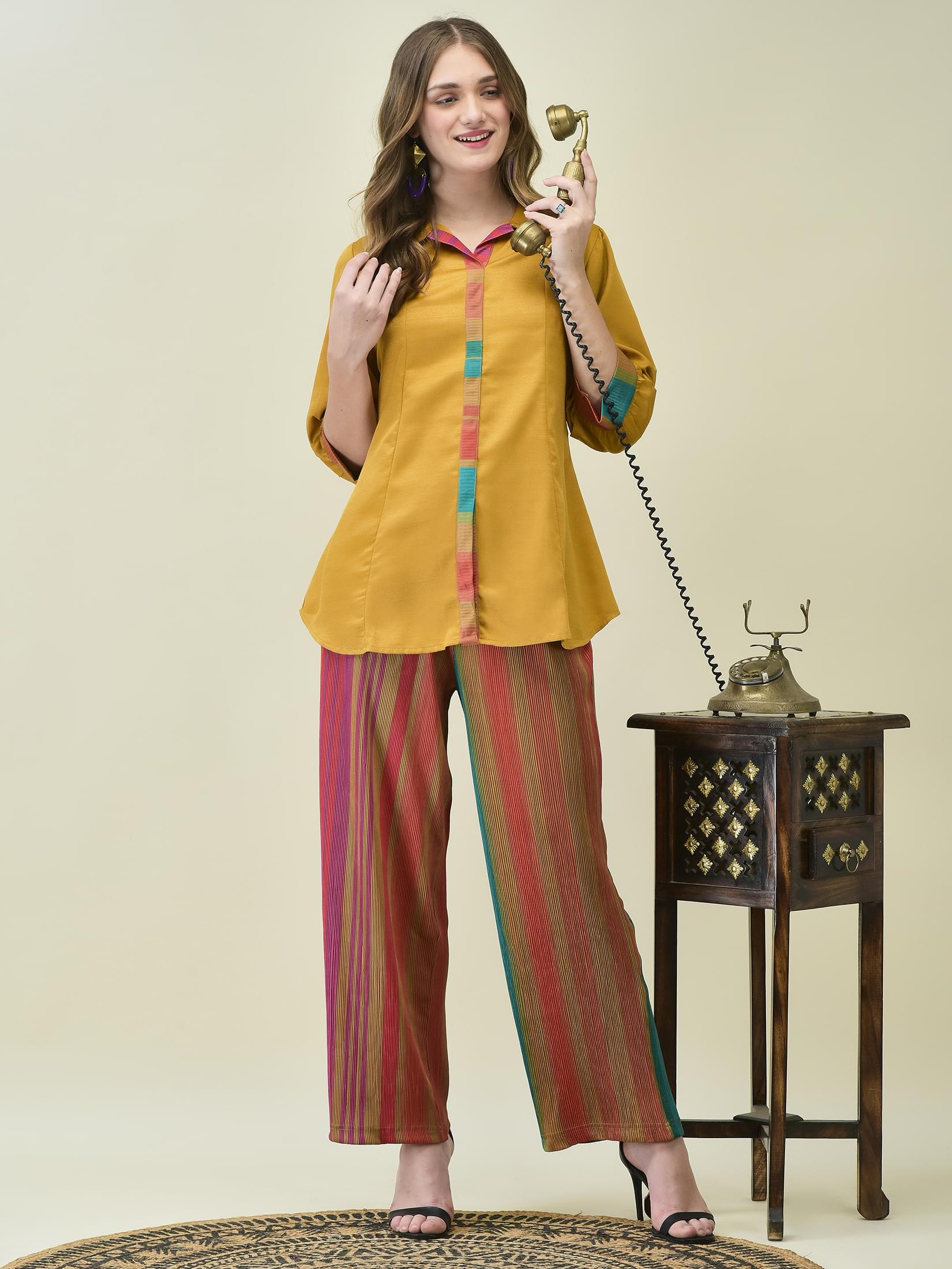 Women Mustard Multi Stripe Co-Ord Set.