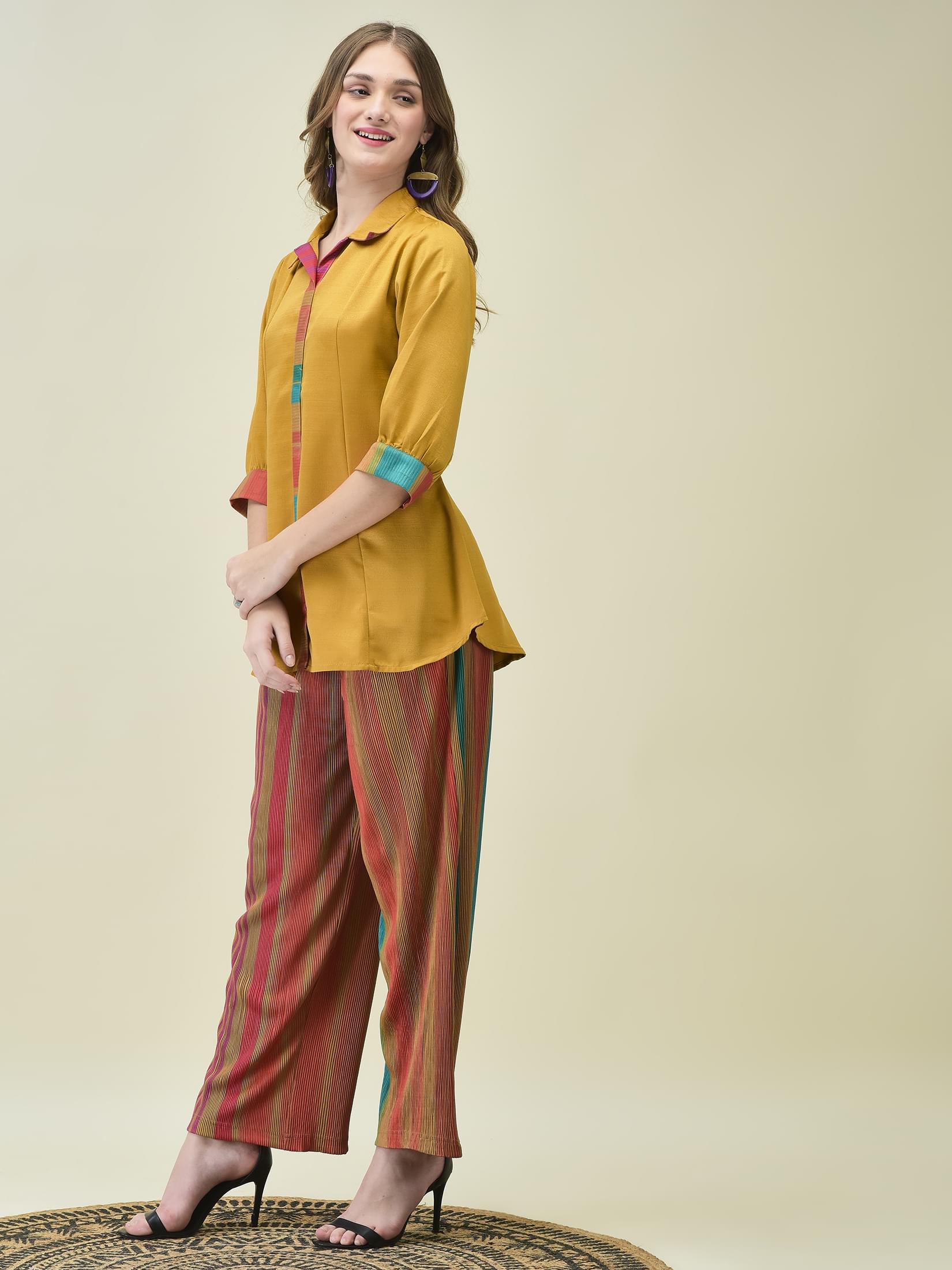 Women Mustard Multi Stripe Co-Ord Set.