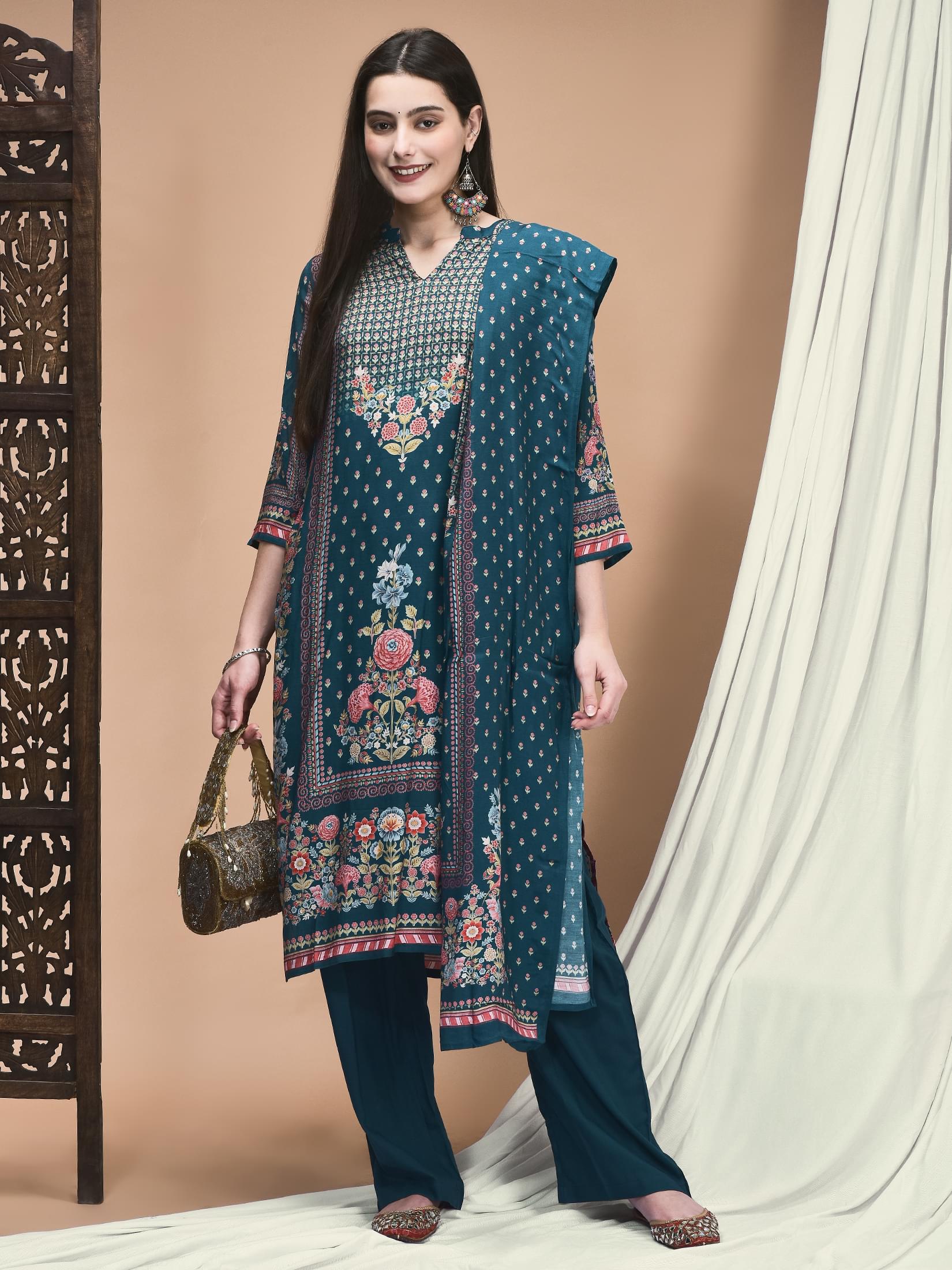 Sky blue artistic placement layout print premium muslin silk trouser suit set