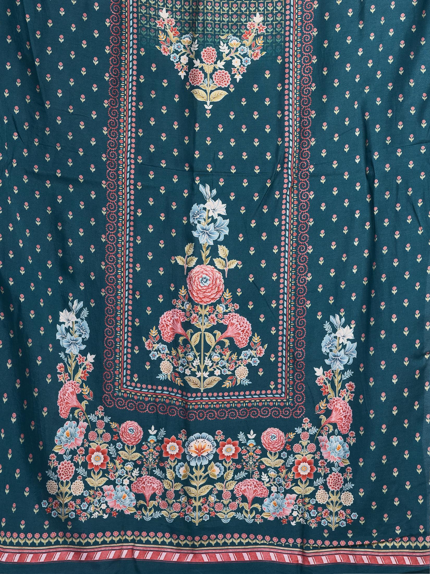 Women Muslin Blue Placement Print Kurta Comfort Pant Dupatta.