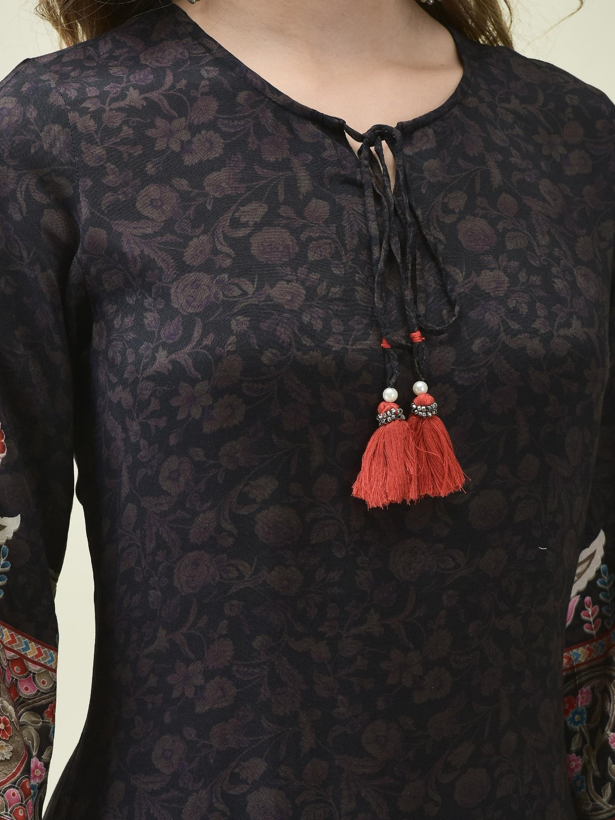 Women Muslin Black Ornamental Print Kurta Comfort Pant Dupatta.