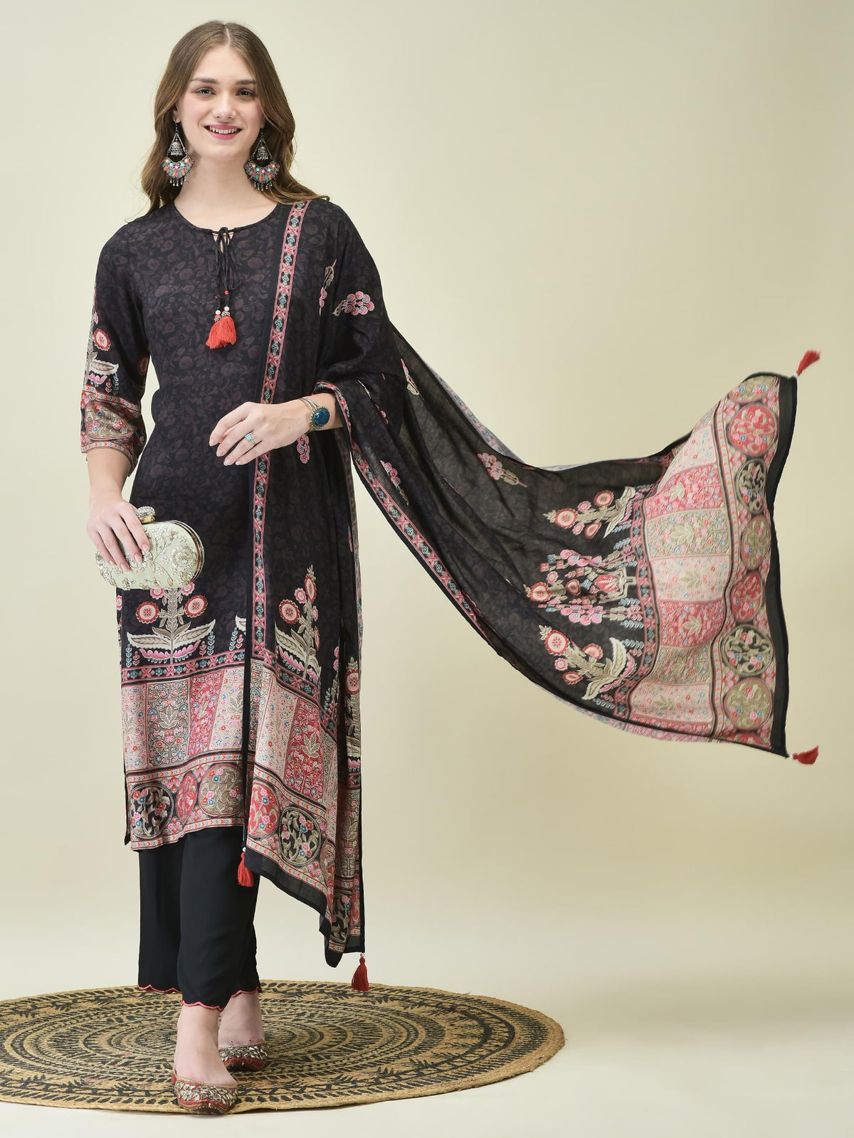 Women Muslin Black Ornamental Print Kurta Comfort Pant Dupatta.