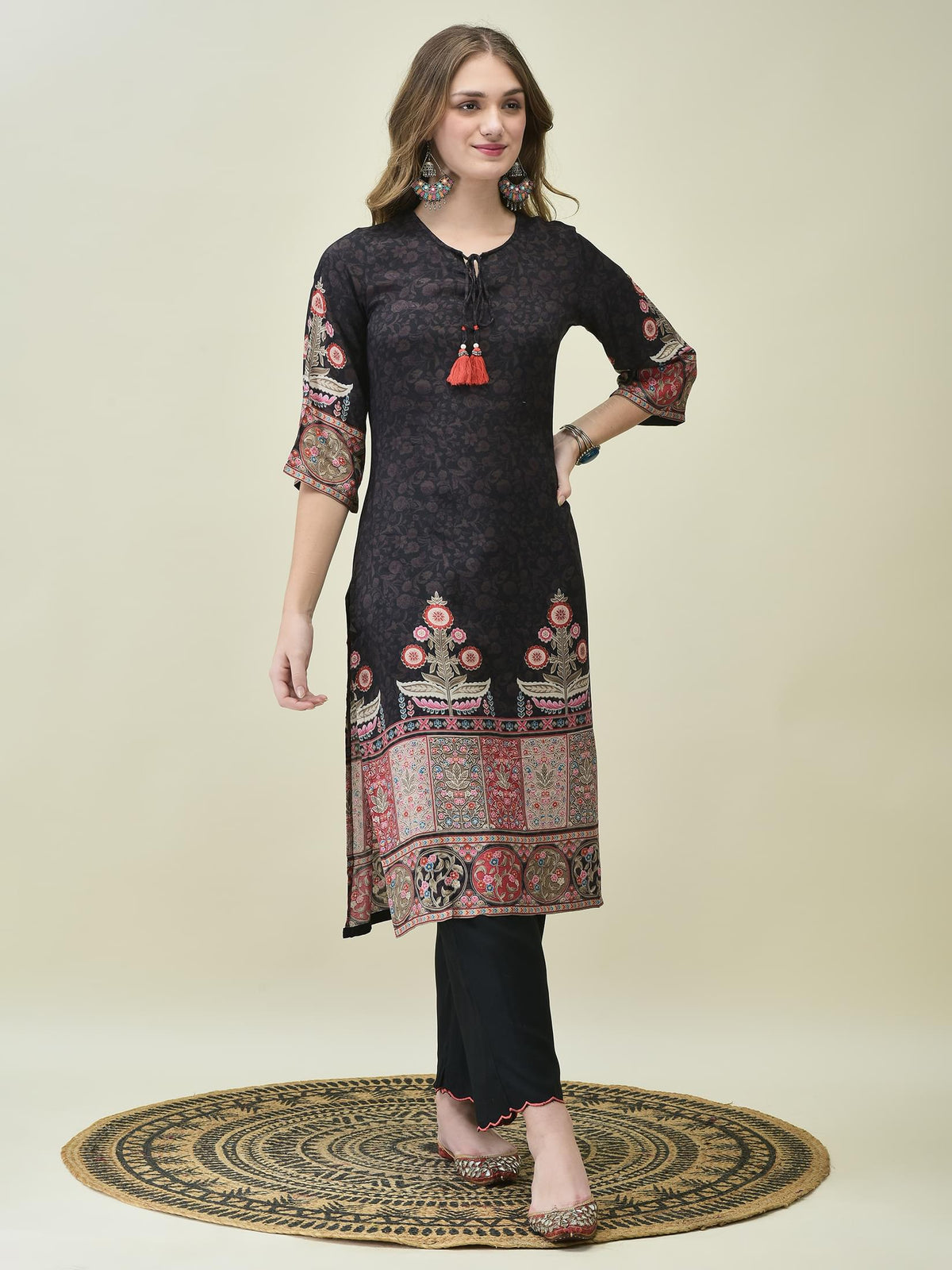 Women Muslin Black Ornamental Print Kurta Comfort Pant Dupatta.