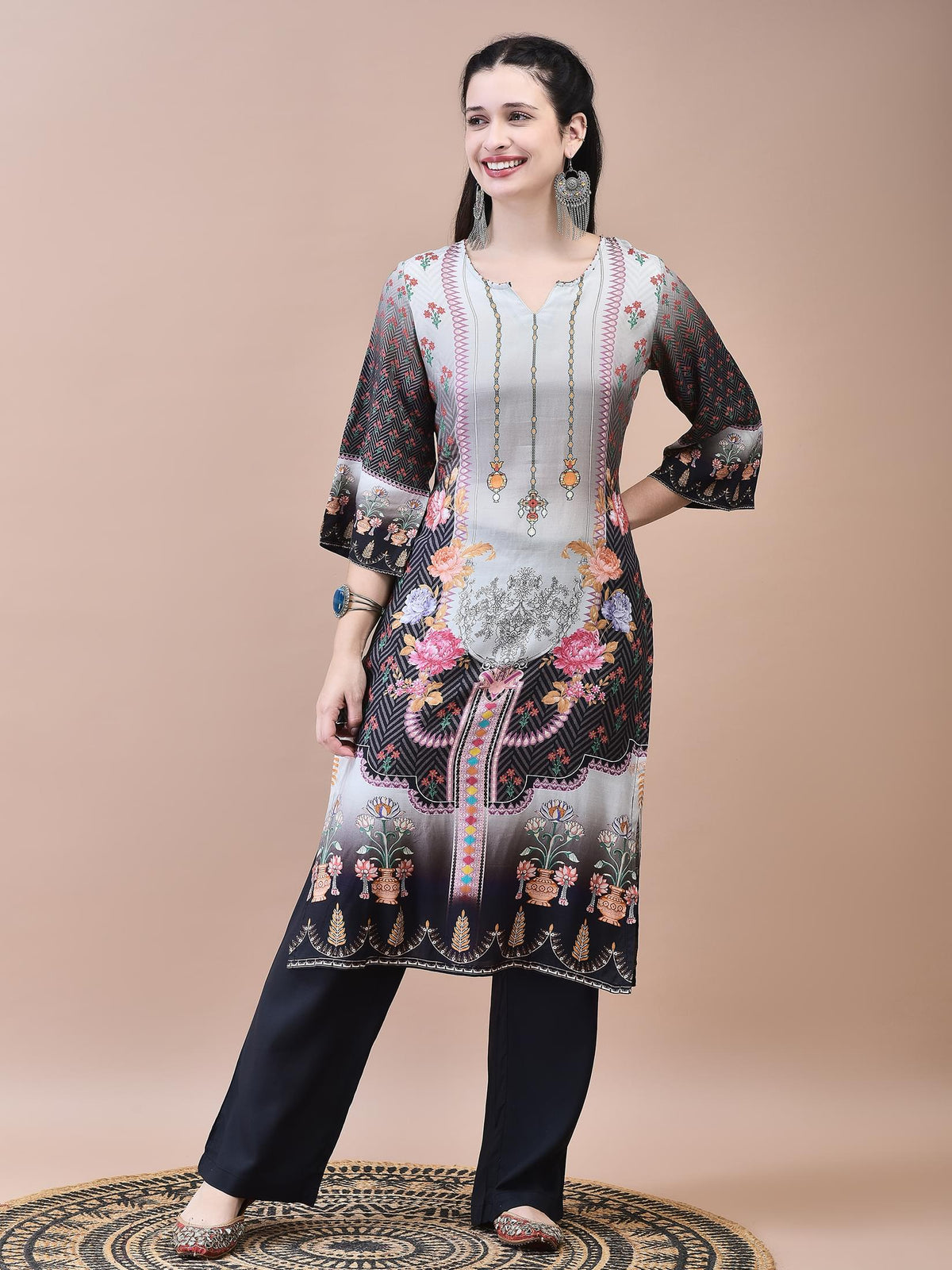 Women Muslin Grey Floral Print Kurta Comfort Pant Dupatta.
